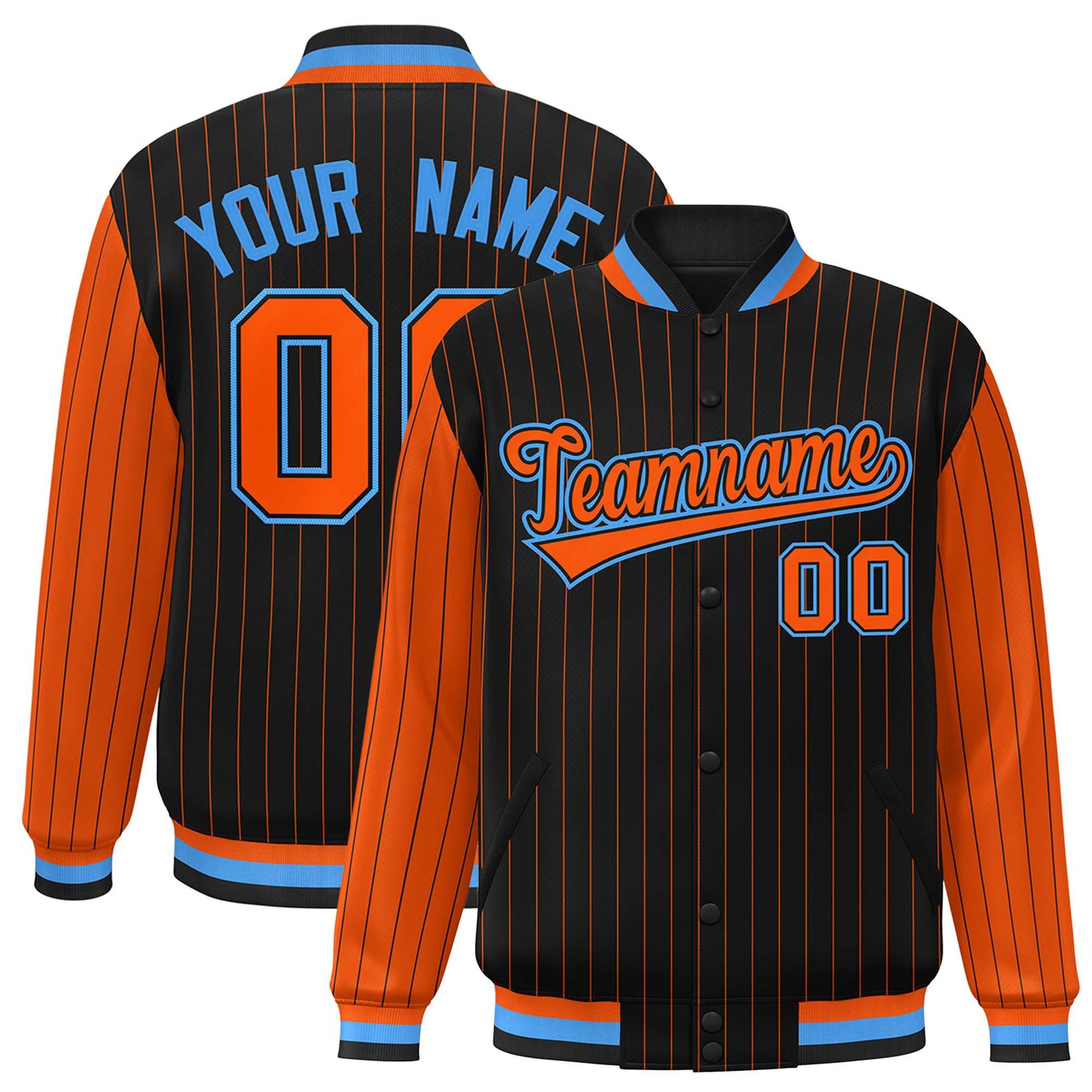 Custom Black Orange Pinstripe Powder-Blue Orange Bomber Full-Snap Varsity Letterman Jacket