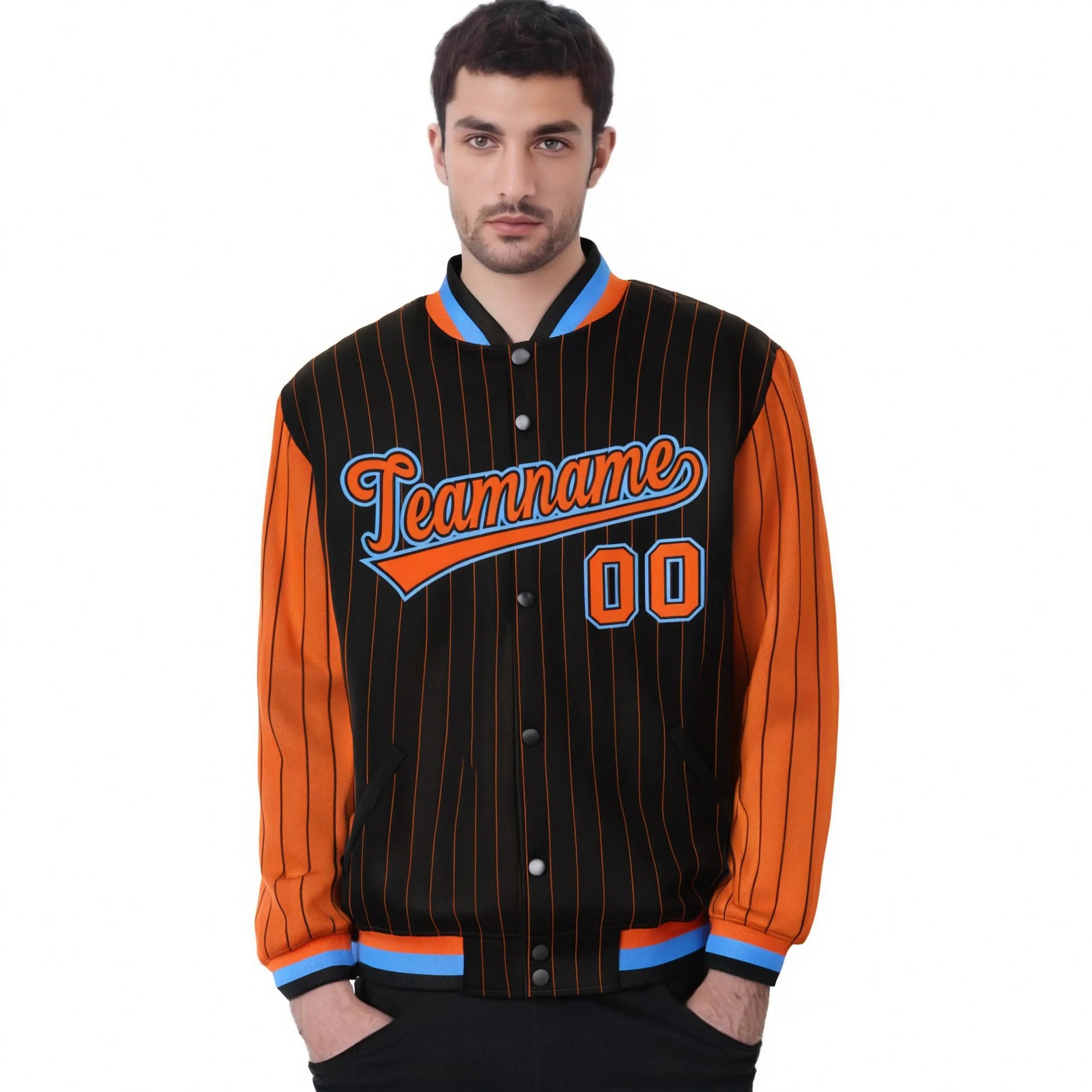 Custom Black Orange Pinstripe Powder-Blue Orange Bomber Full-Snap Varsity Letterman Jacket