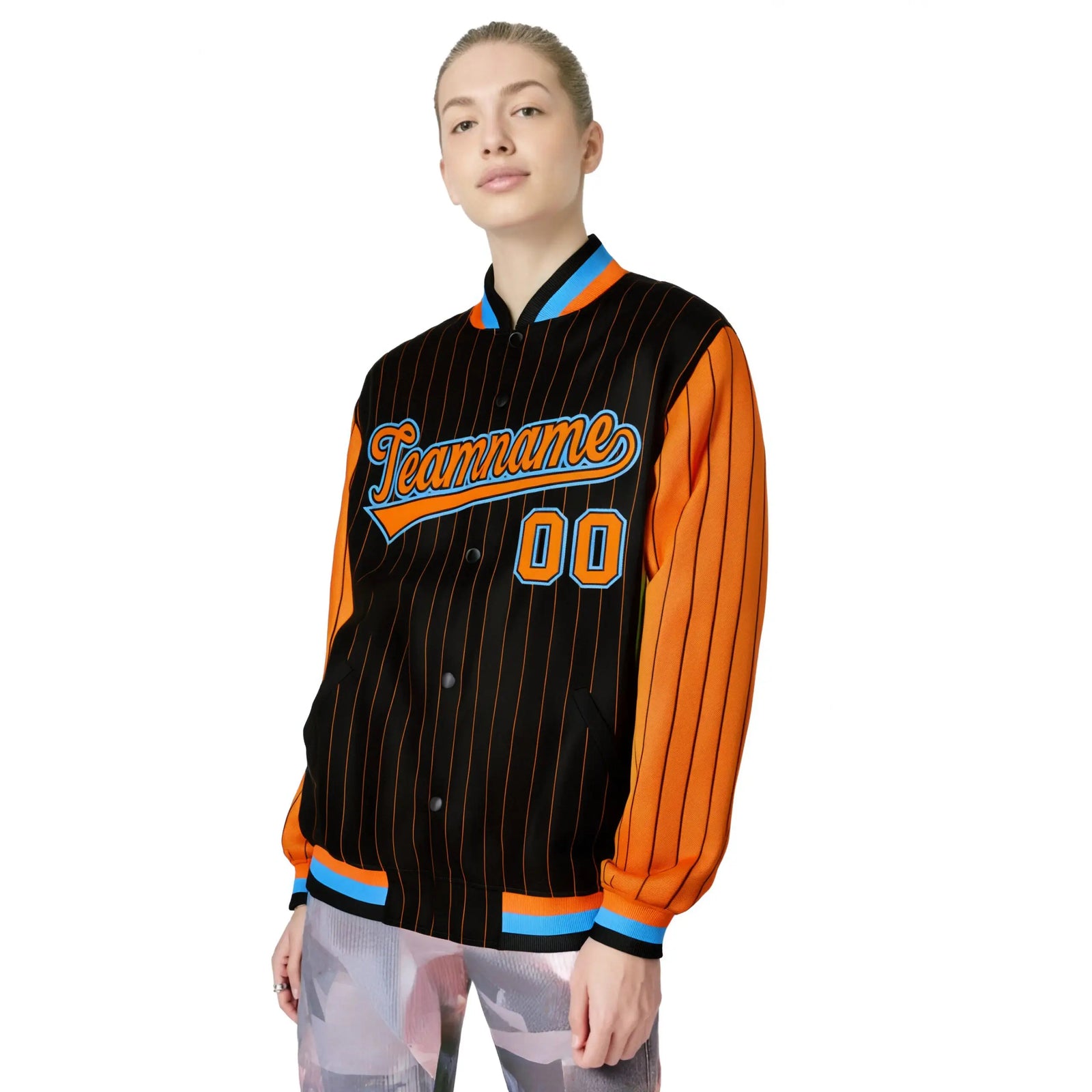 Custom Black Orange Pinstripe Powder-Blue Orange Bomber Full-Snap Varsity Letterman Jacket