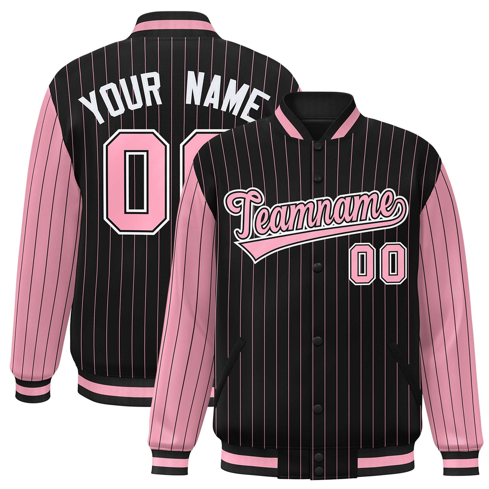 Custom Black Light-Pink Pinstripe White Light-Pink Bomber Full-Snap Varsity Letterman Jacket