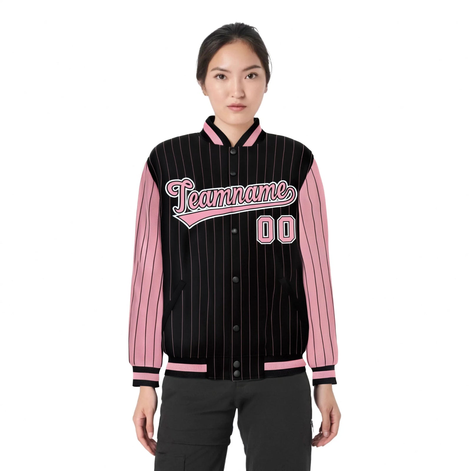 Custom Black Light-Pink Pinstripe White Light-Pink Bomber Full-Snap Varsity Letterman Jacket