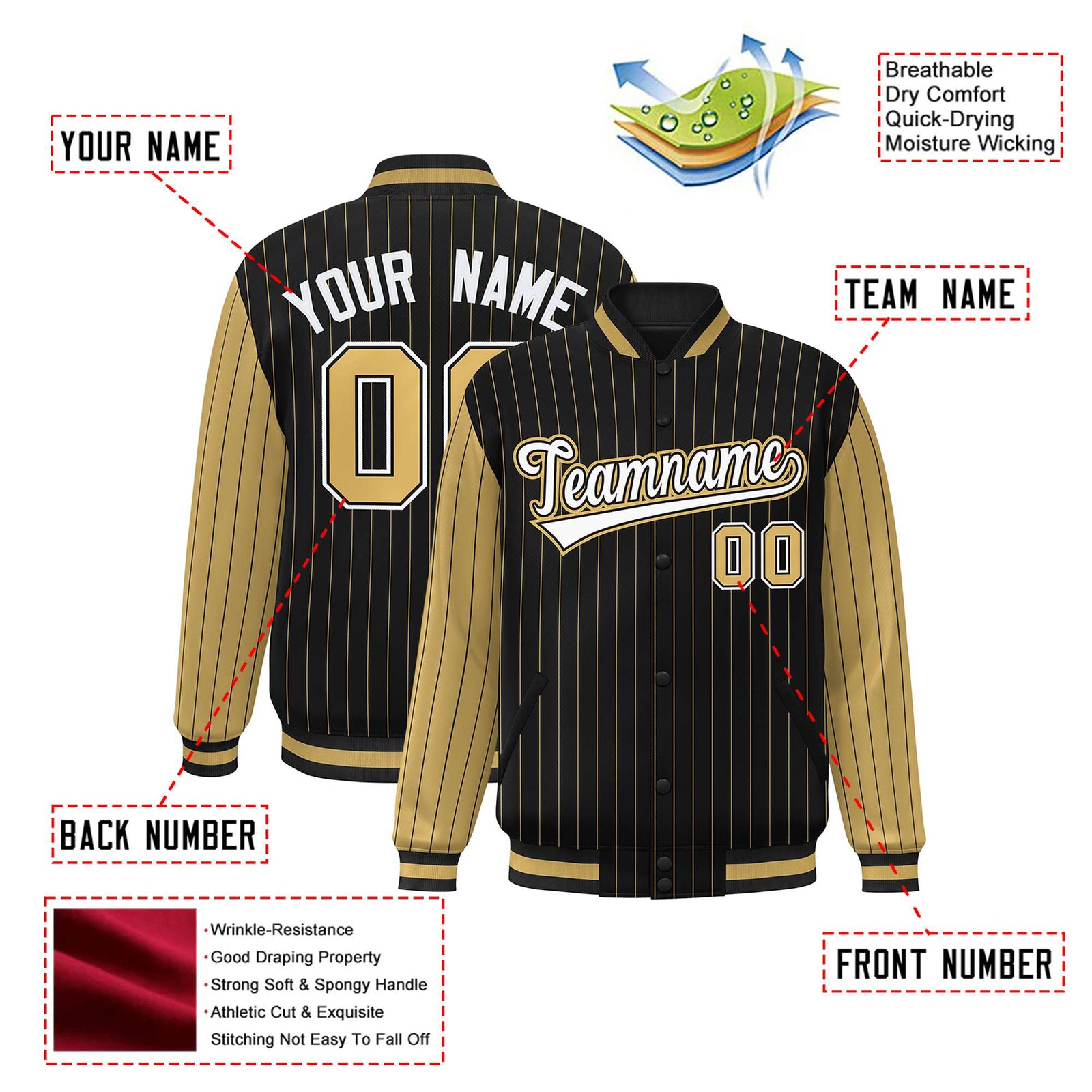 Custom Black Old-Gold Pinstripe Old-Gold White Bomber Full-Snap Varsity Letterman Jacket