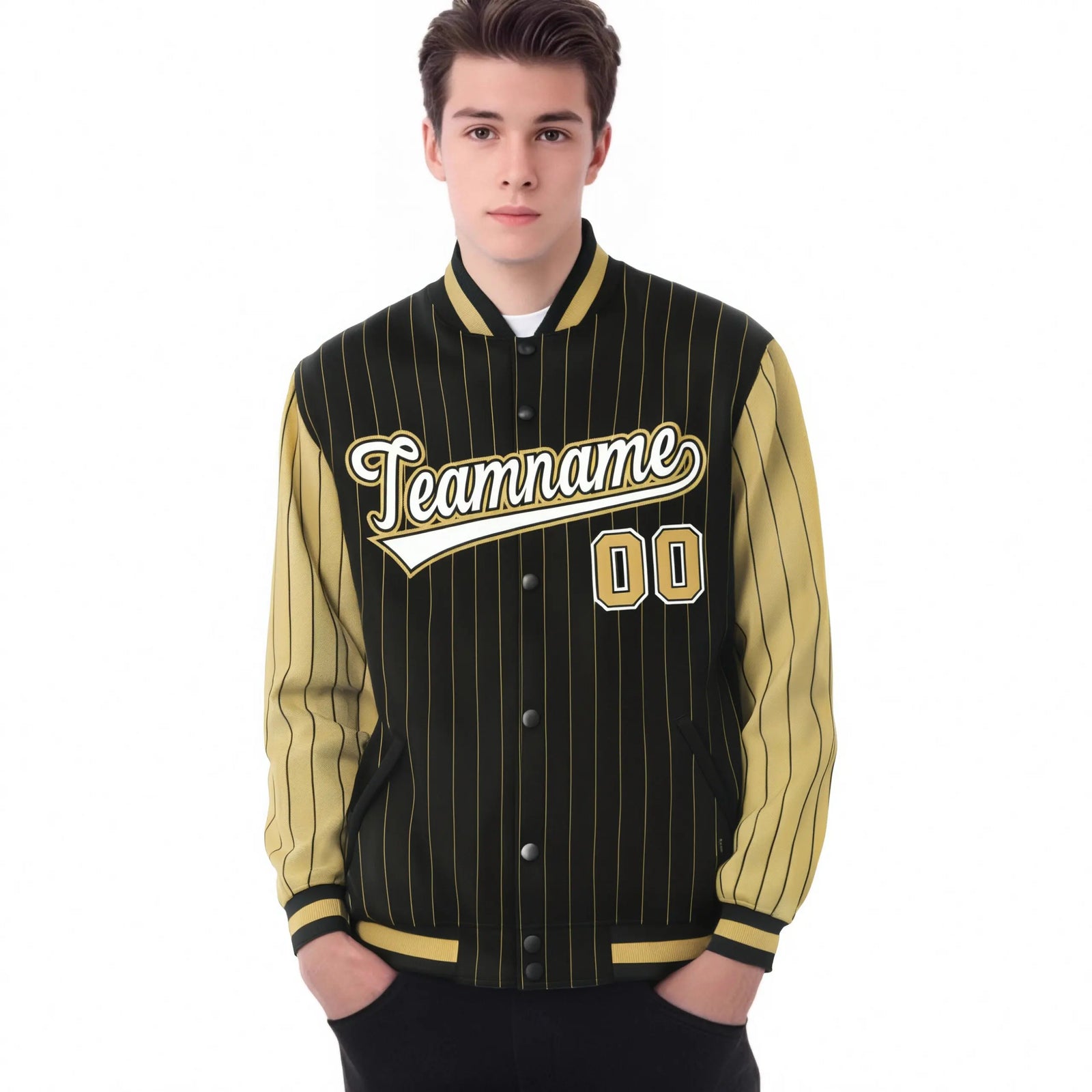 Custom Black Old-Gold Pinstripe Old-Gold White Bomber Full-Snap Varsity Letterman Jacket