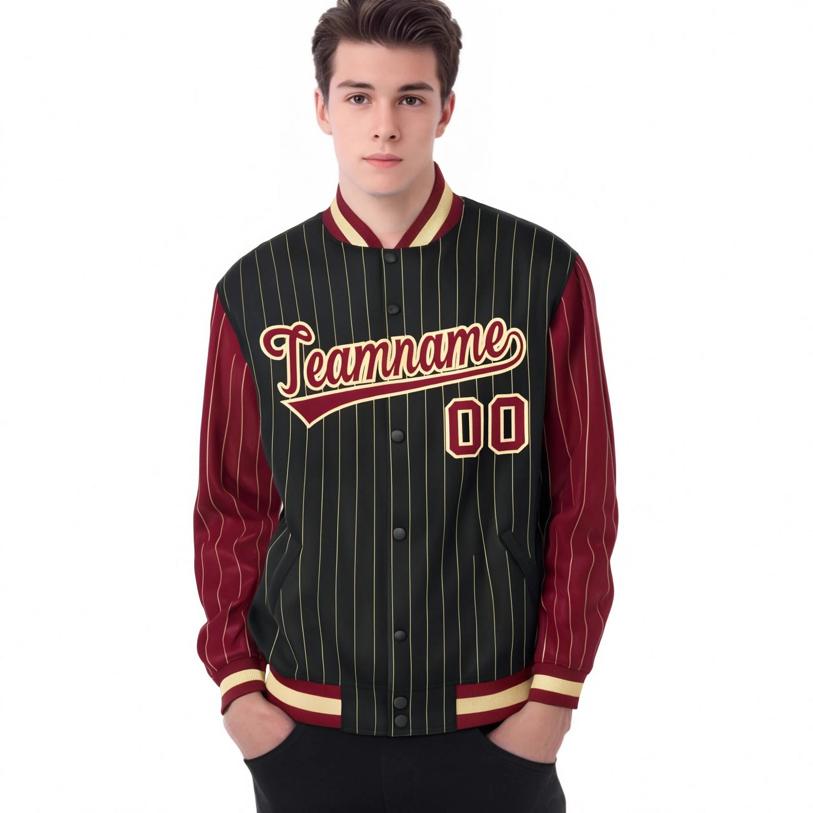 Custom Black Old-Gold Pinstripe Old-Gold Crimson Bomber Full-Snap Varsity Letterman Jacket