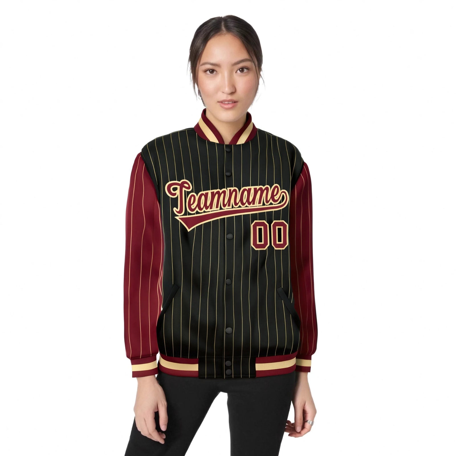 Custom Black Old-Gold Pinstripe Old-Gold Crimson Bomber Full-Snap Varsity Letterman Jacket