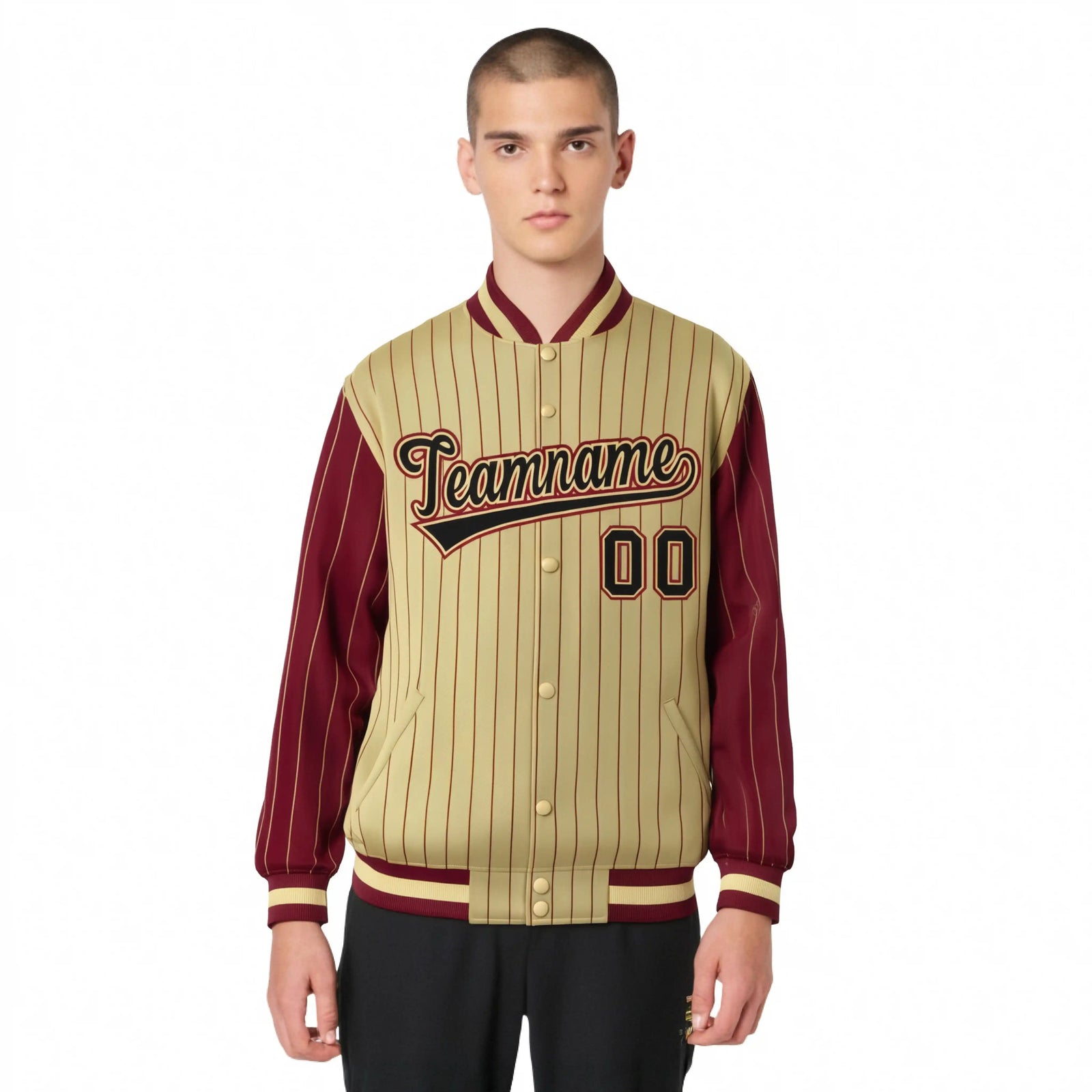 Custom Old Gold Crimson Pinstripe Crimson-Black Bomber Full-Snap Varsity Letterman Jacket