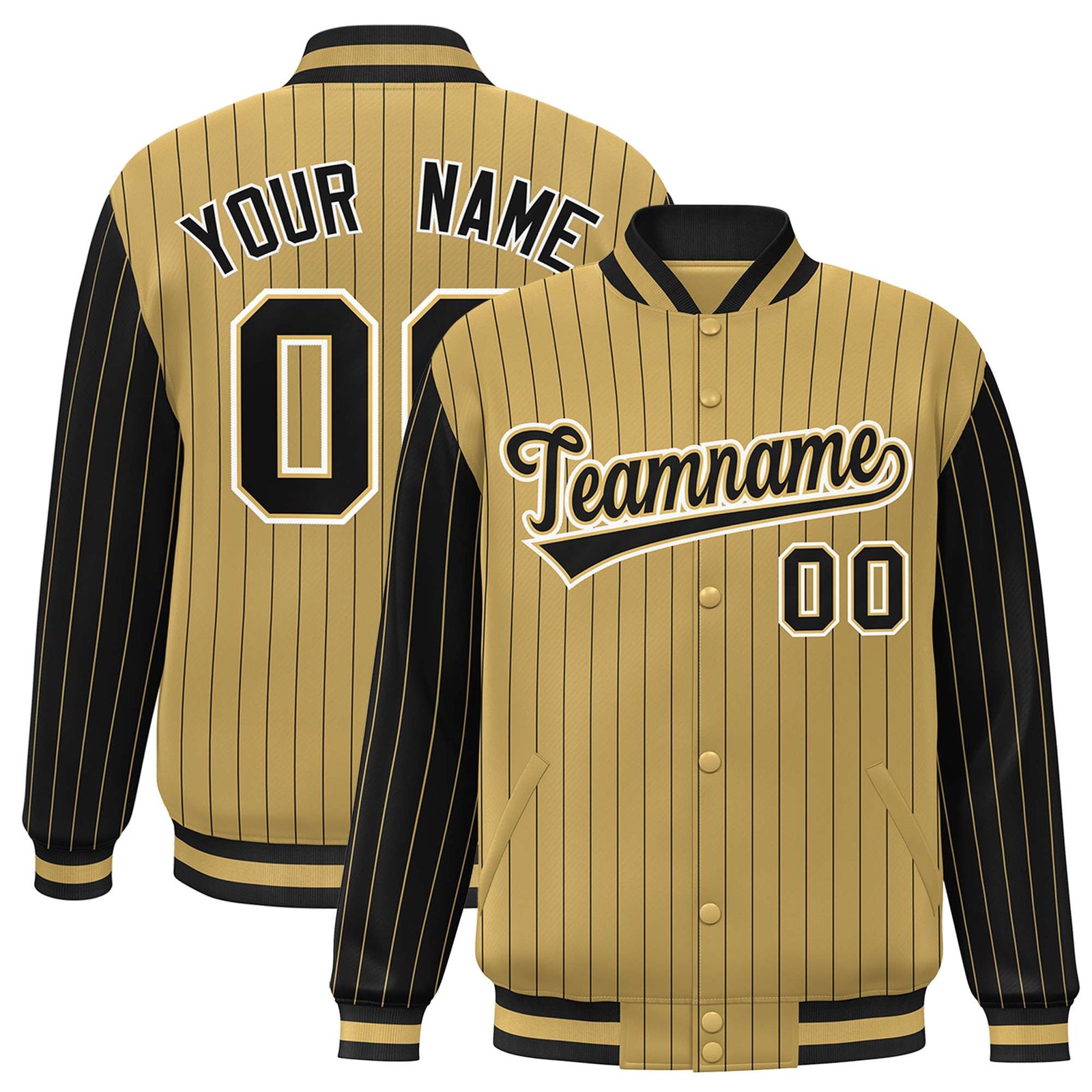 Custom Old Gold Black Pinstripe White-Black Bomber Full-Snap Varsity Letterman Jacket