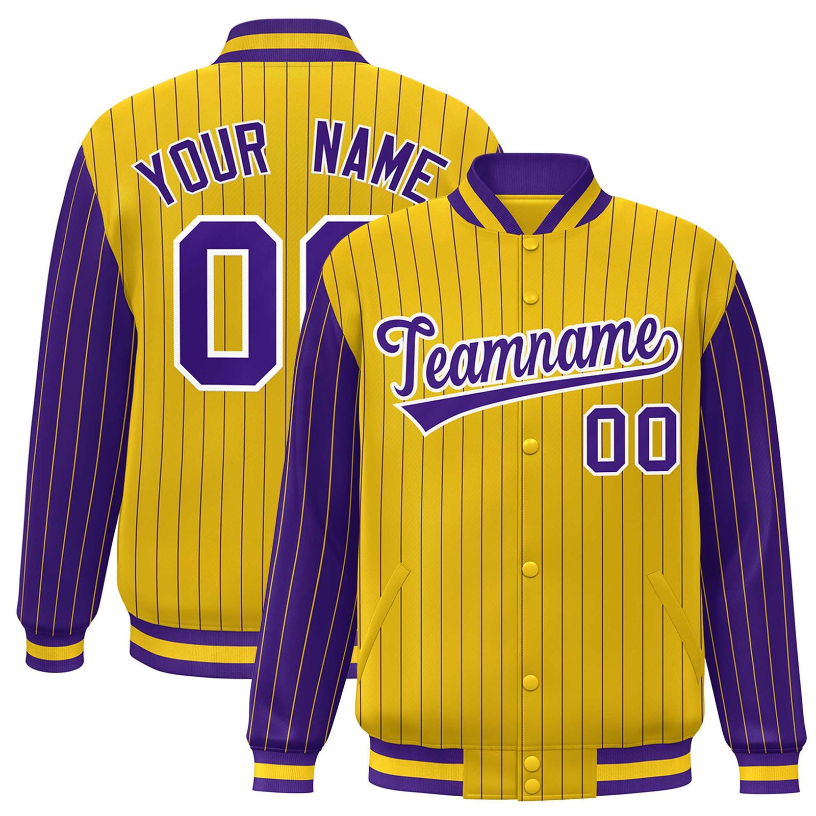 Custom Gold Purple Pinstripe White-Purple Bomber Full-Snap Varsity Letterman Jacket