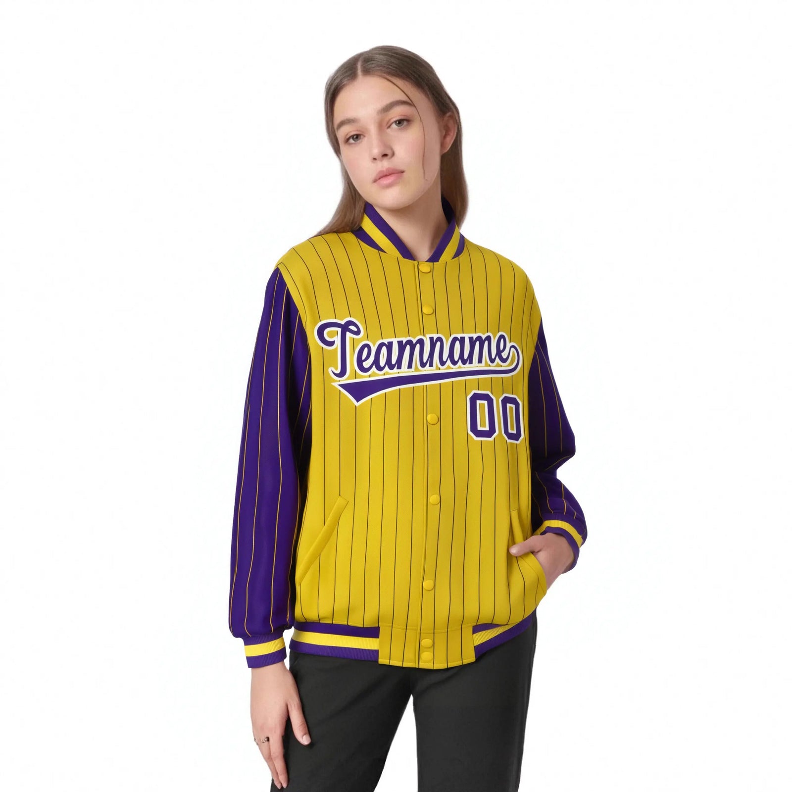 Custom Gold Purple Pinstripe White-Purple Bomber Full-Snap Varsity Letterman Jacket
