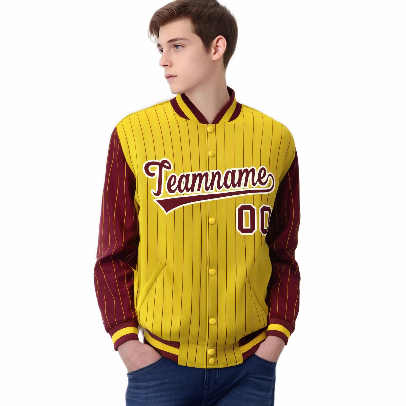 Custom Gold Crimson Pinstripe White-Crimson Bomber Full-Snap Varsity Letterman Jacket