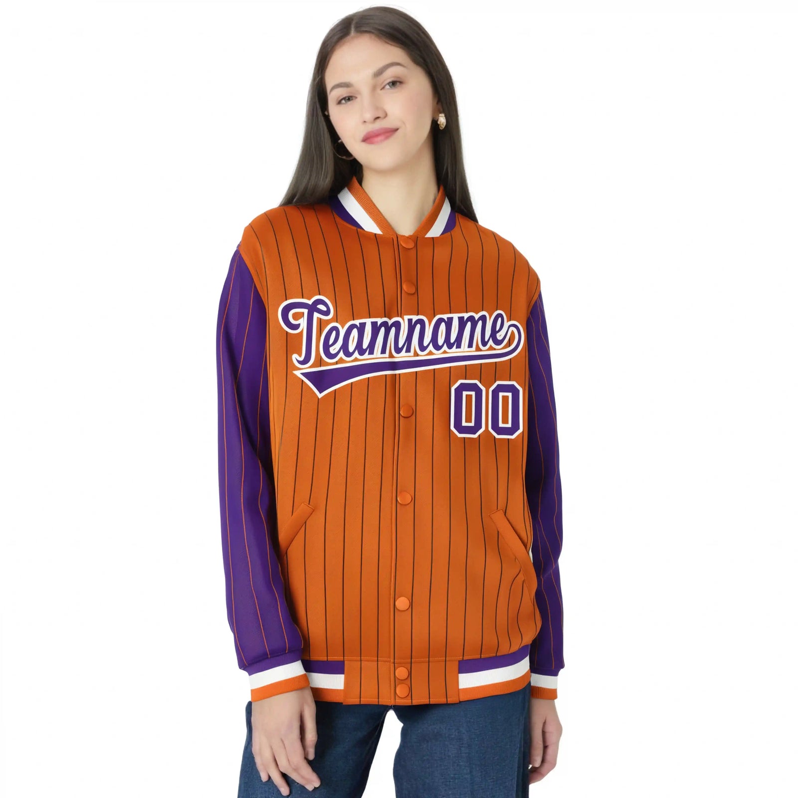 Custom Orange Purple Pinstripe White-Purple Bomber Full-Snap Varsity Letterman Jacket