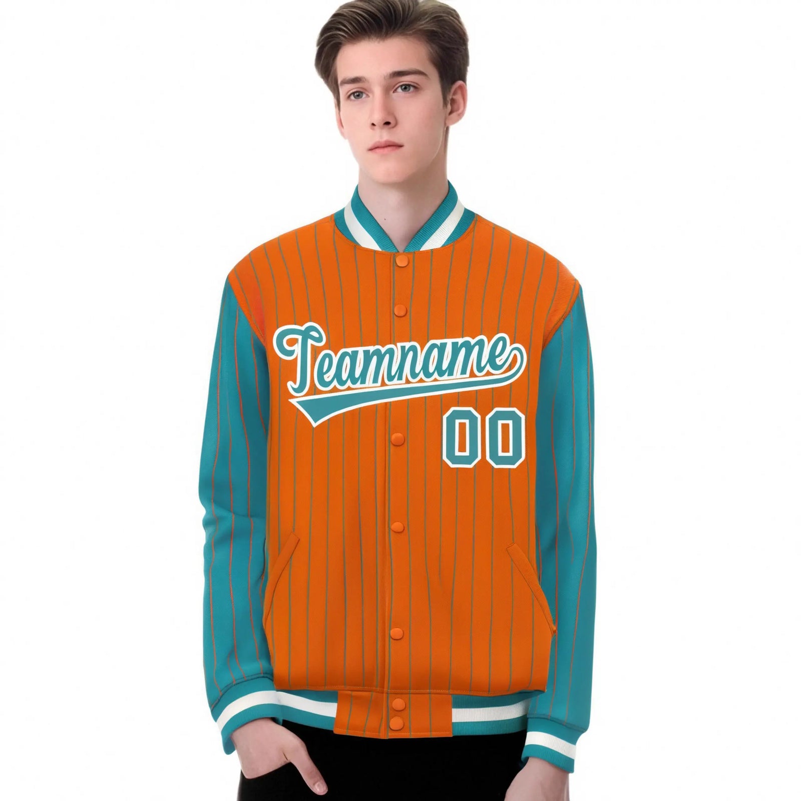 Custom Orange Aqua Pinstripe White-Aqua Bomber Full-Snap Varsity Letterman Jacket
