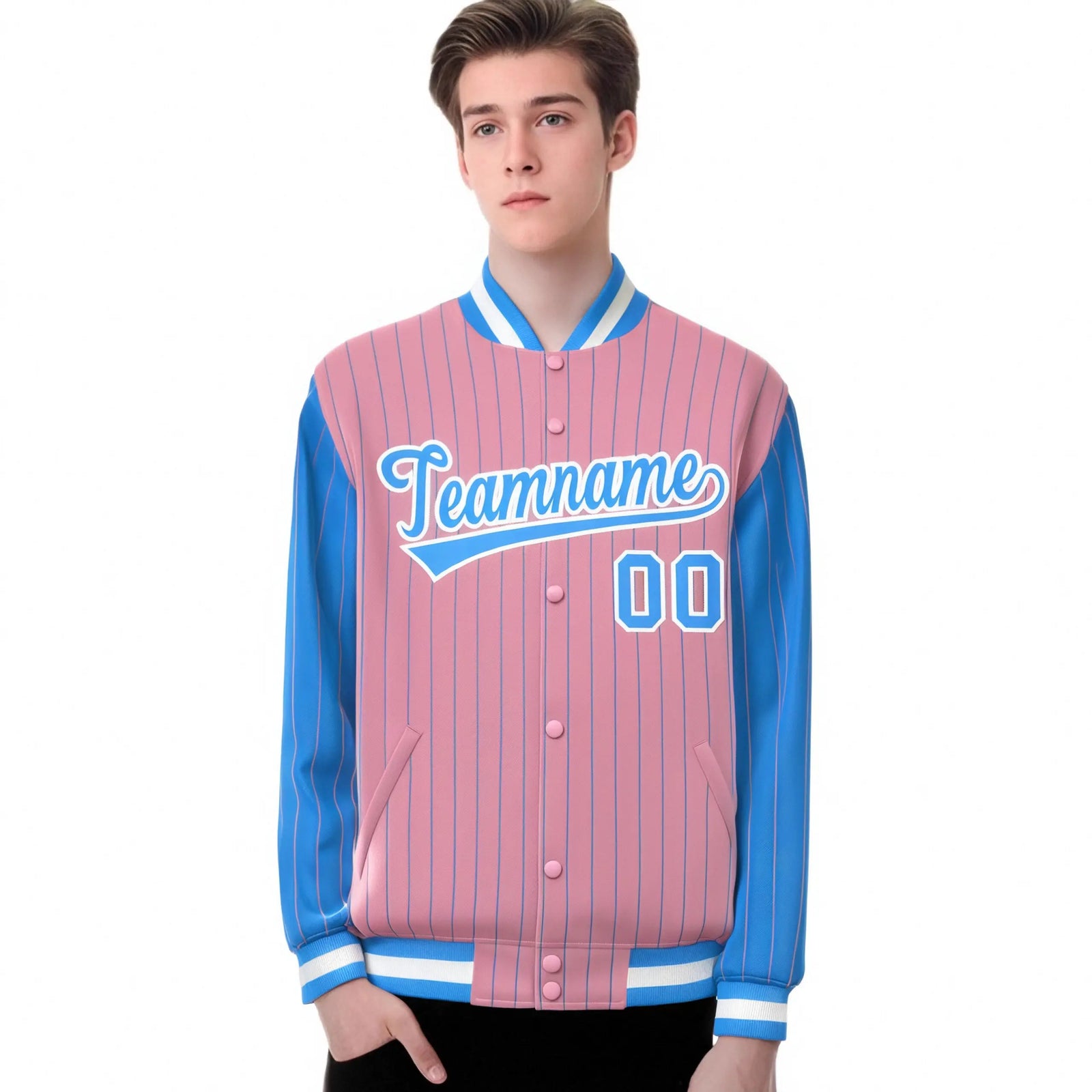 Custom Light-Pink Powder-Blue Pinstripe White Powder-Blue Bomber Full-Snap Varsity Letterman Jacket