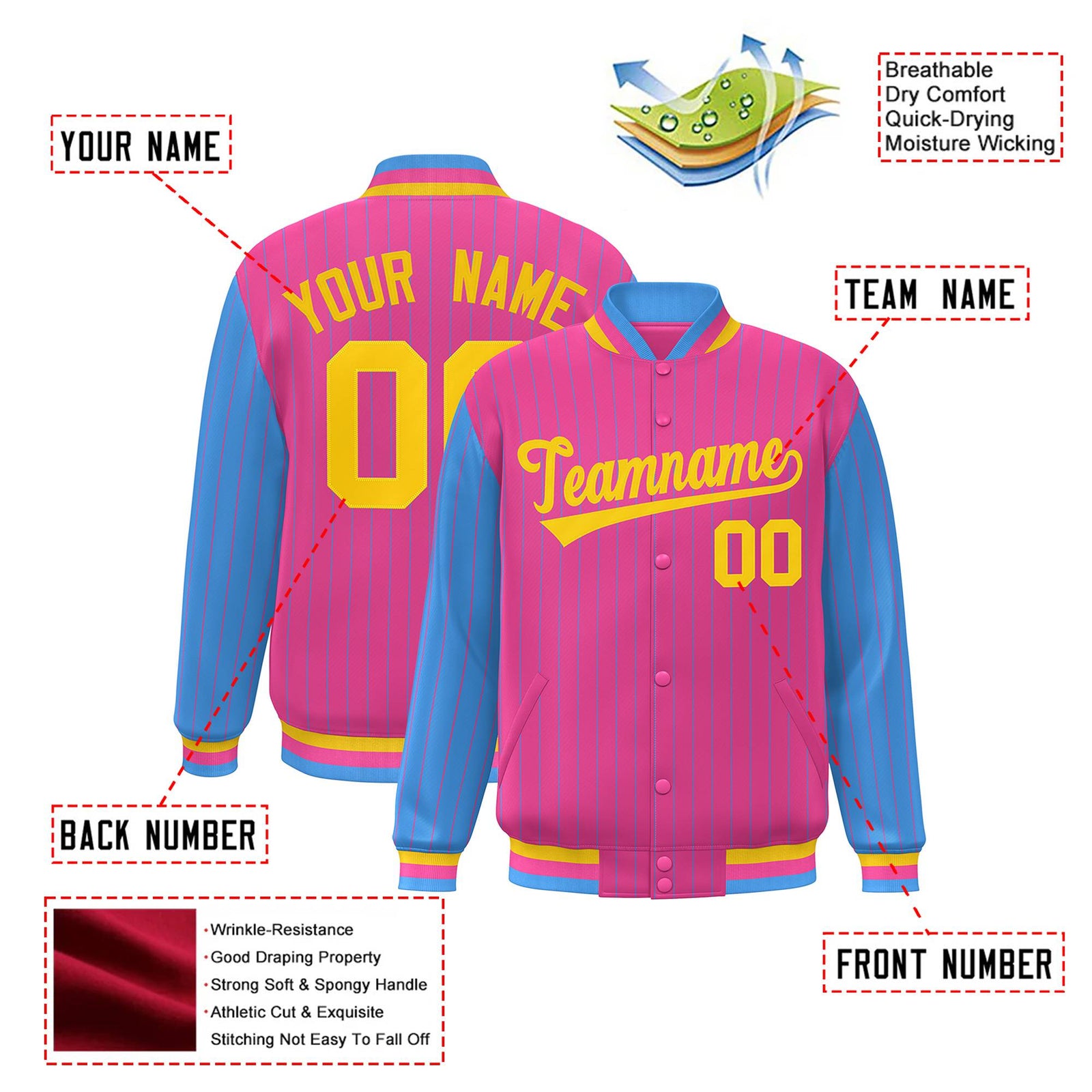 Custom Pink Powder-Blue Pinstripe Gold Bomber Full-Snap Varsity Letterman Jacket