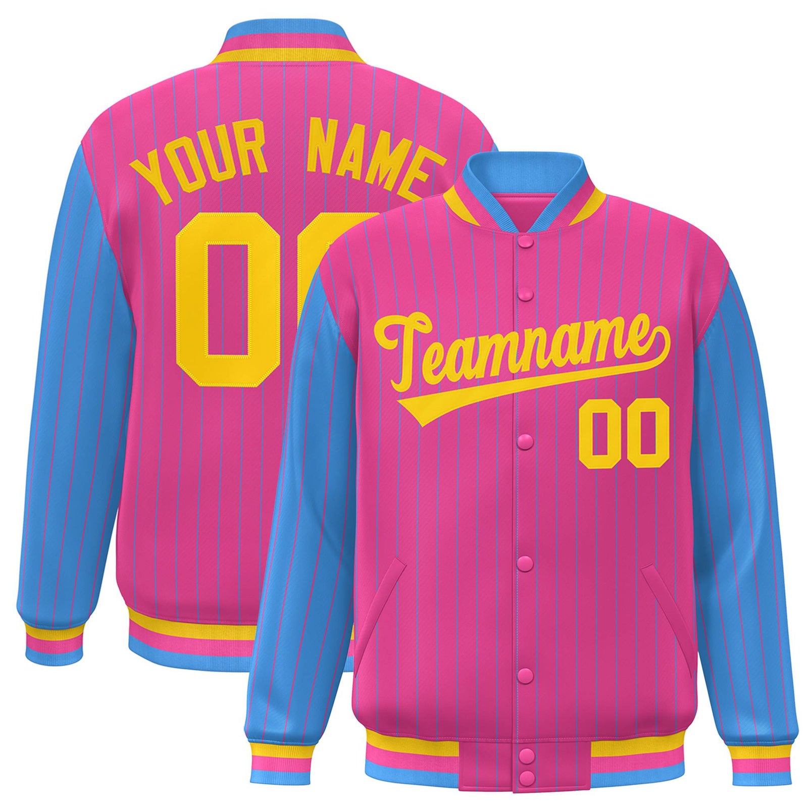 Custom Pink Powder-Blue Pinstripe Gold Bomber Full-Snap Varsity Letterman Jacket