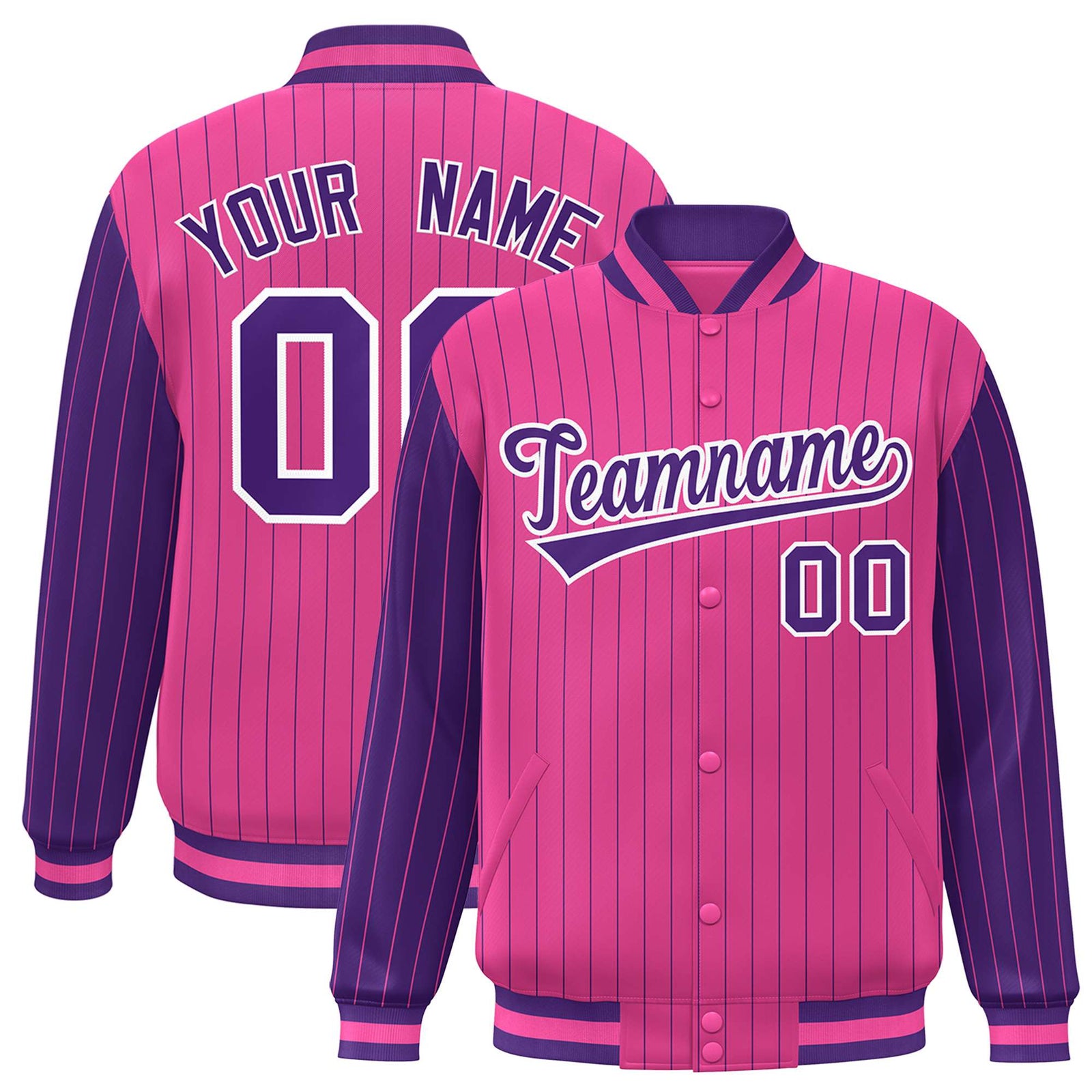 Custom Pink Purple Pinstripe White-Purple Bomber Full-Snap Varsity Letterman Jacket