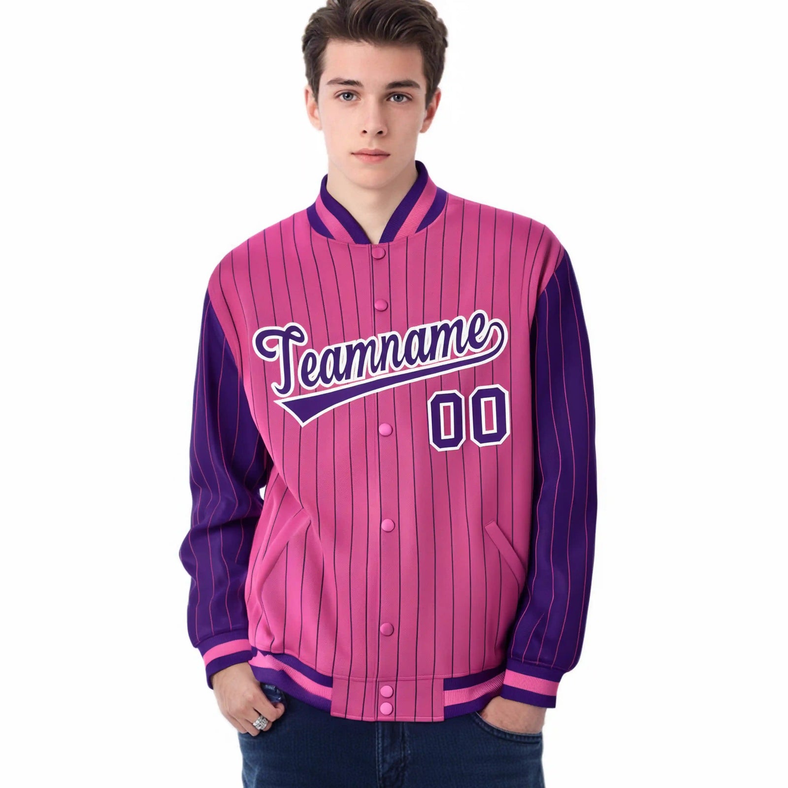 Custom Pink Purple Pinstripe White-Purple Bomber Full-Snap Varsity Letterman Jacket
