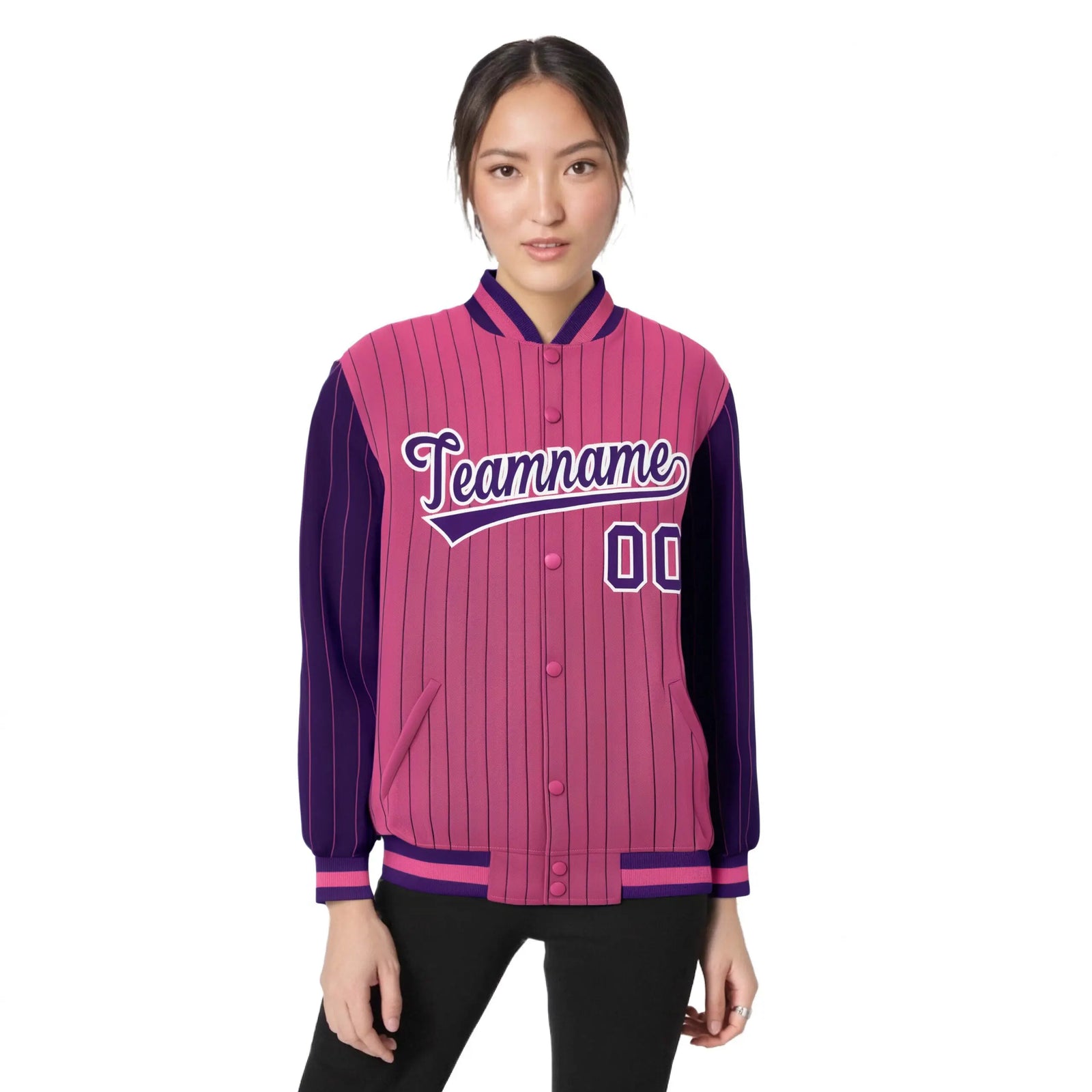 Custom Pink Purple Pinstripe White-Purple Bomber Full-Snap Varsity Letterman Jacket