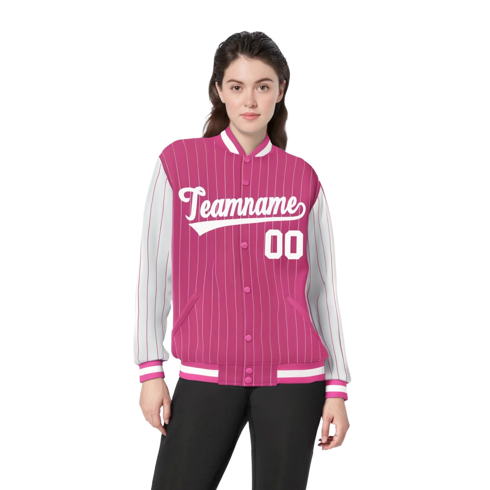Custom Pink White Pinstripe White Bomber Full-Snap Varsity Letterman Jacket