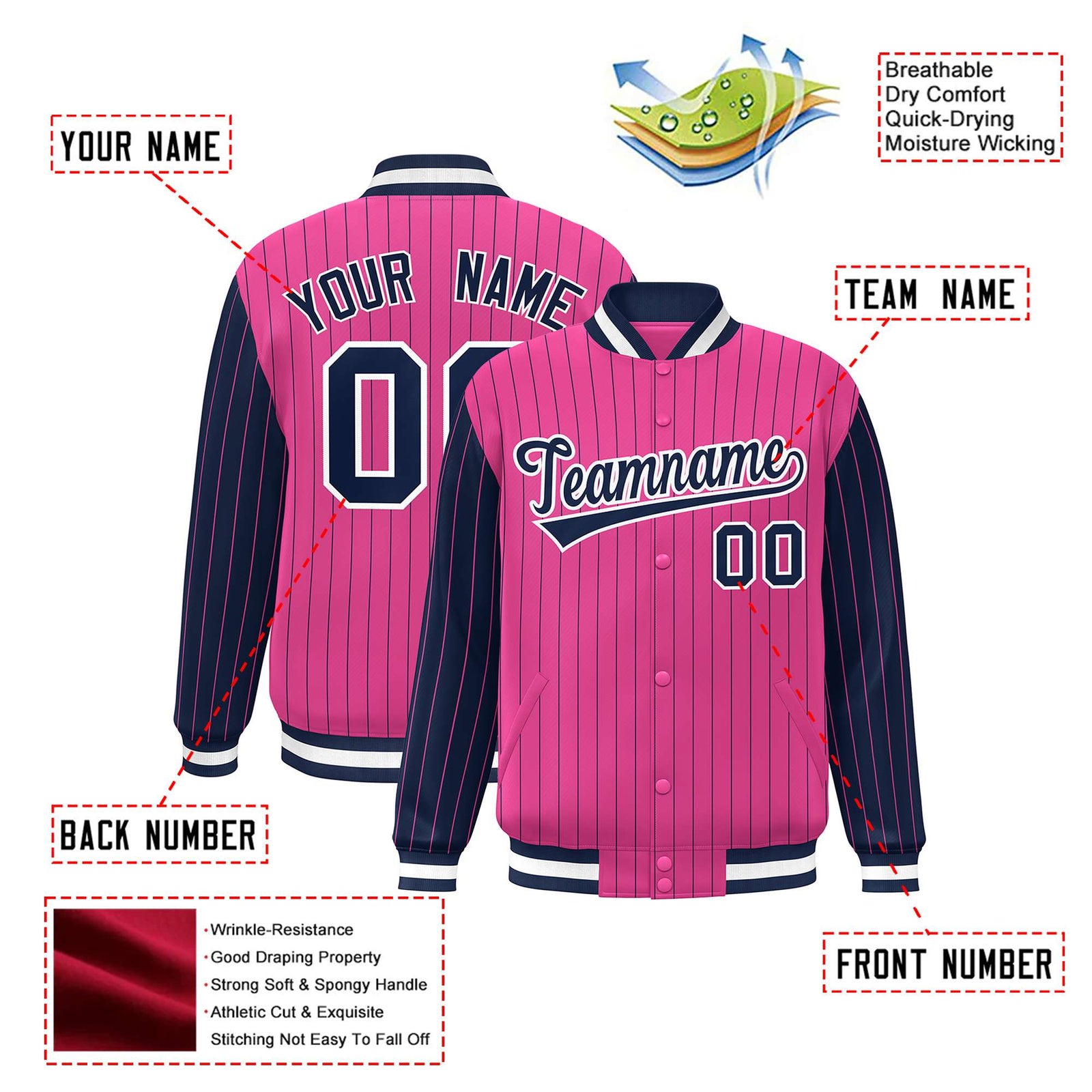 Custom Pink Navy Pinstripe White-Navy Bomber Full-Snap Varsity Letterman Jacket