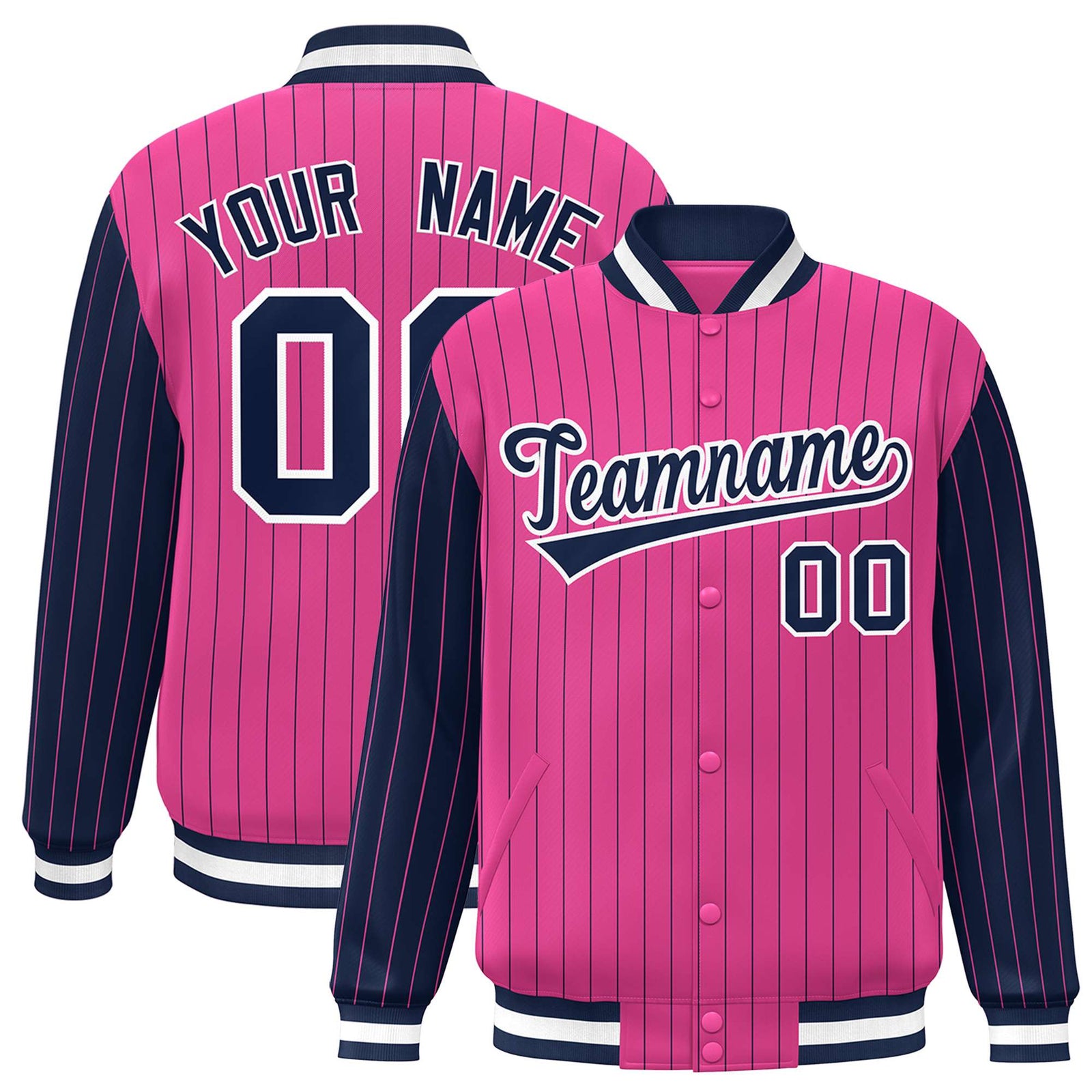 Custom Pink Navy Pinstripe White-Navy Bomber Full-Snap Varsity Letterman Jacket