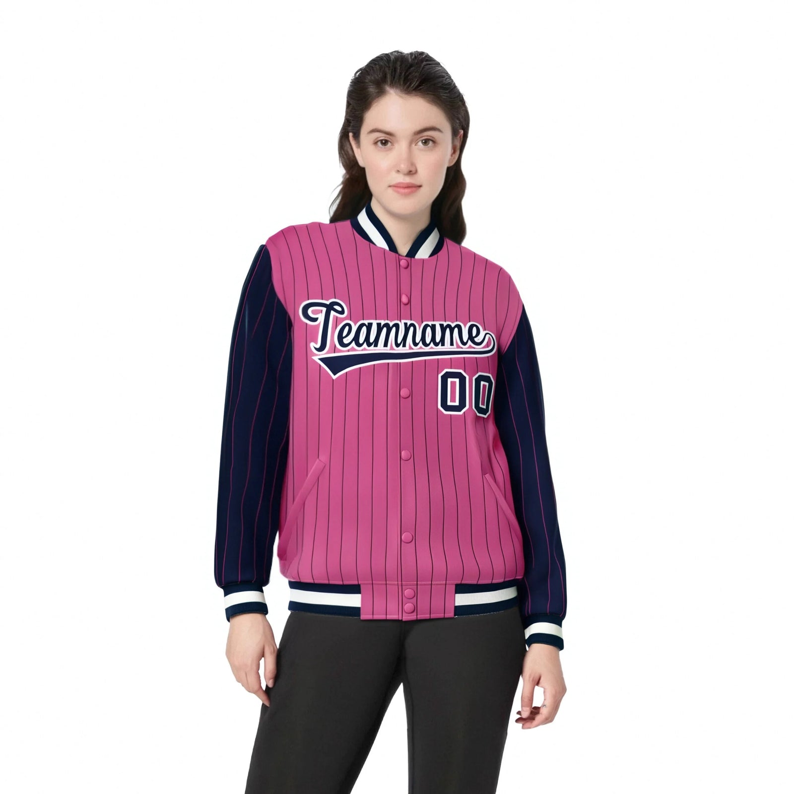Custom Pink Navy Pinstripe White-Navy Bomber Full-Snap Varsity Letterman Jacket