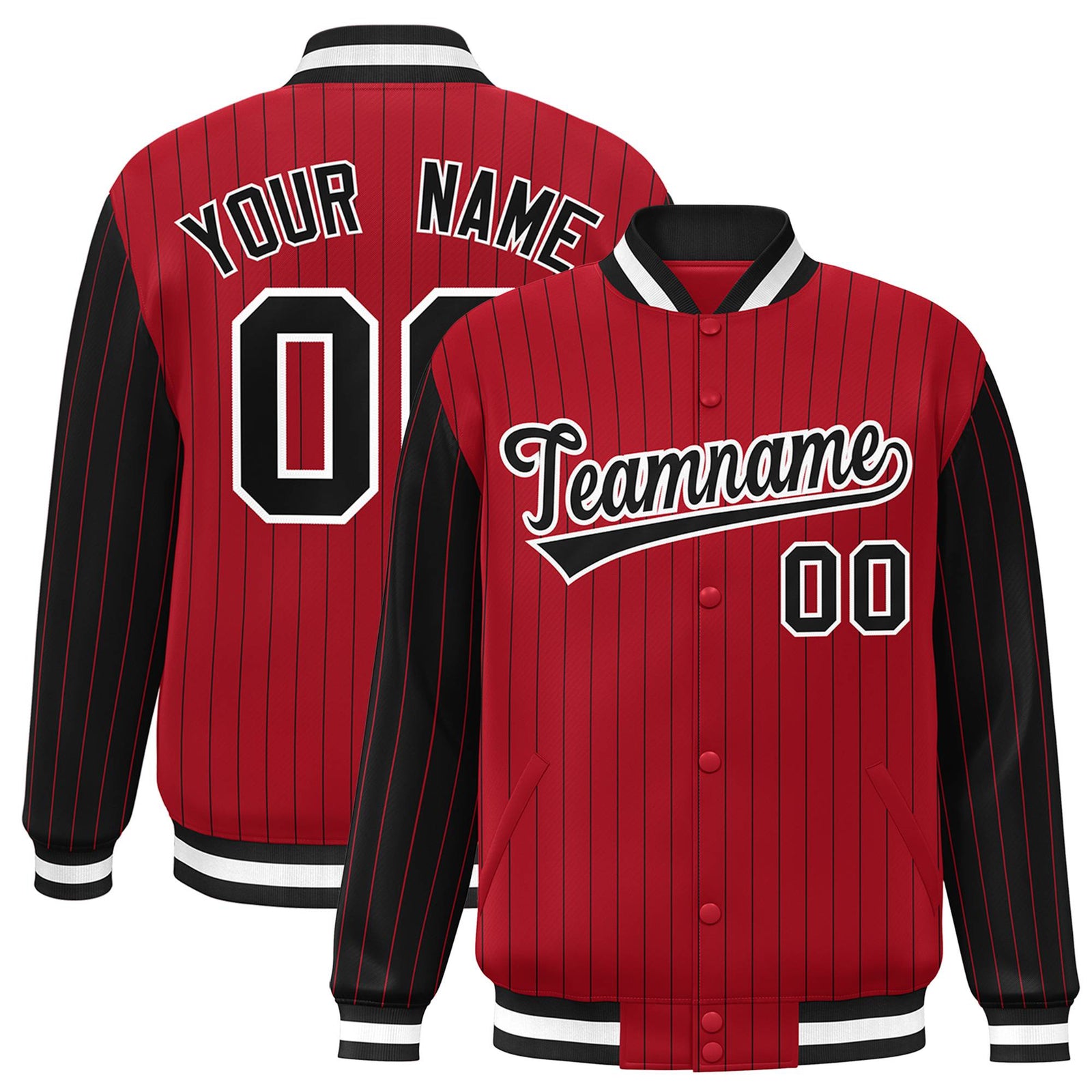 Custom Red Black Pinstripe White-Black Bomber Full-Snap Varsity Letterman Jacket