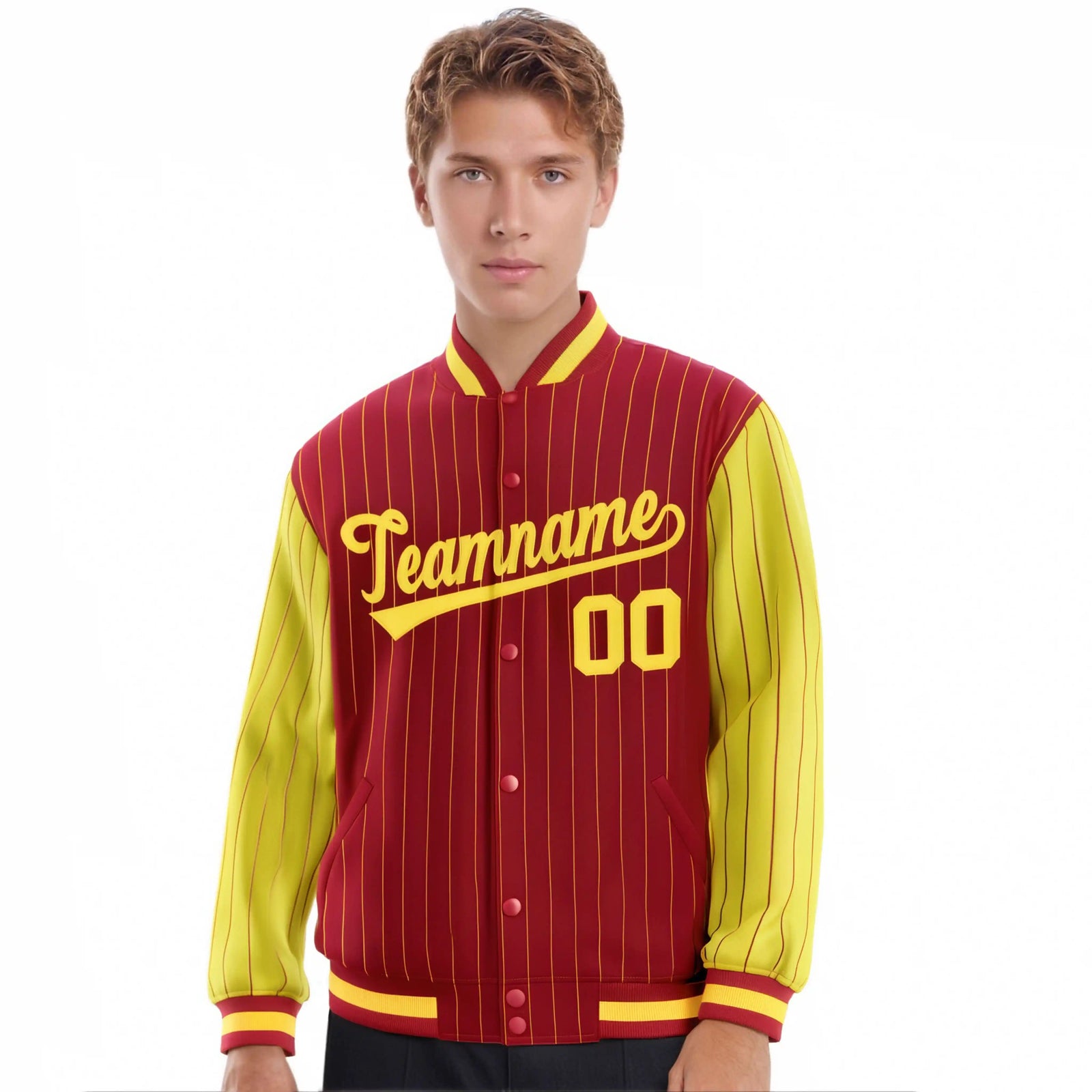 Custom Red Gold Pinstripe Gold Bomber Full-Snap Varsity Letterman Jacket