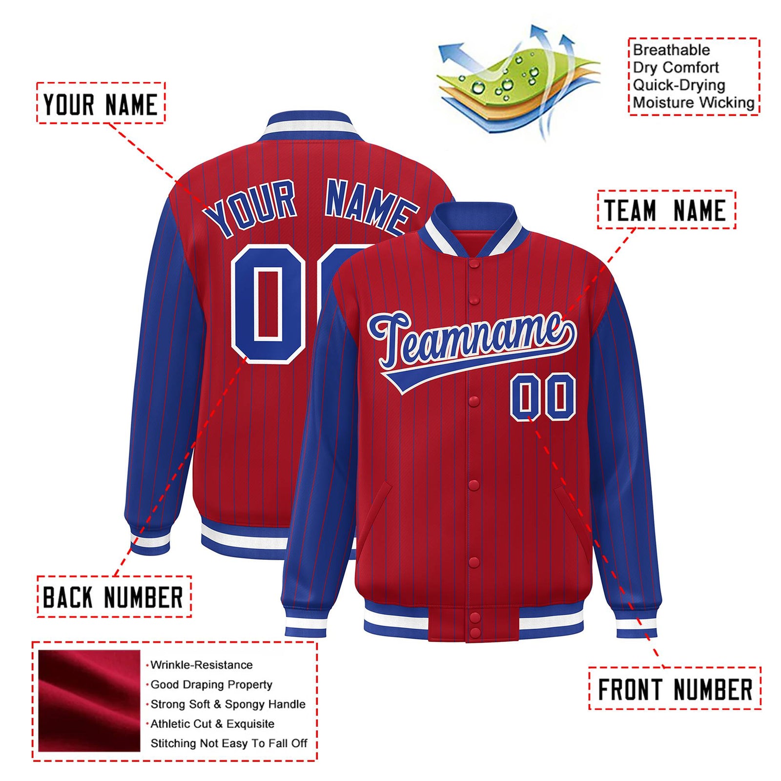 Custom Red Royal-Blue Pinstripe White Royal-Blue Bomber Full-Snap Varsity Letterman Jacket
