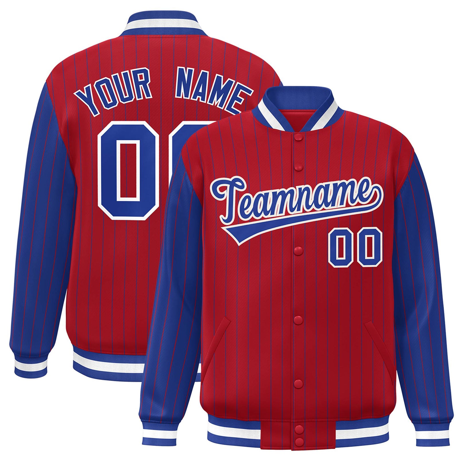 Custom Red Royal-Blue Pinstripe White Royal-Blue Bomber Full-Snap Varsity Letterman Jacket