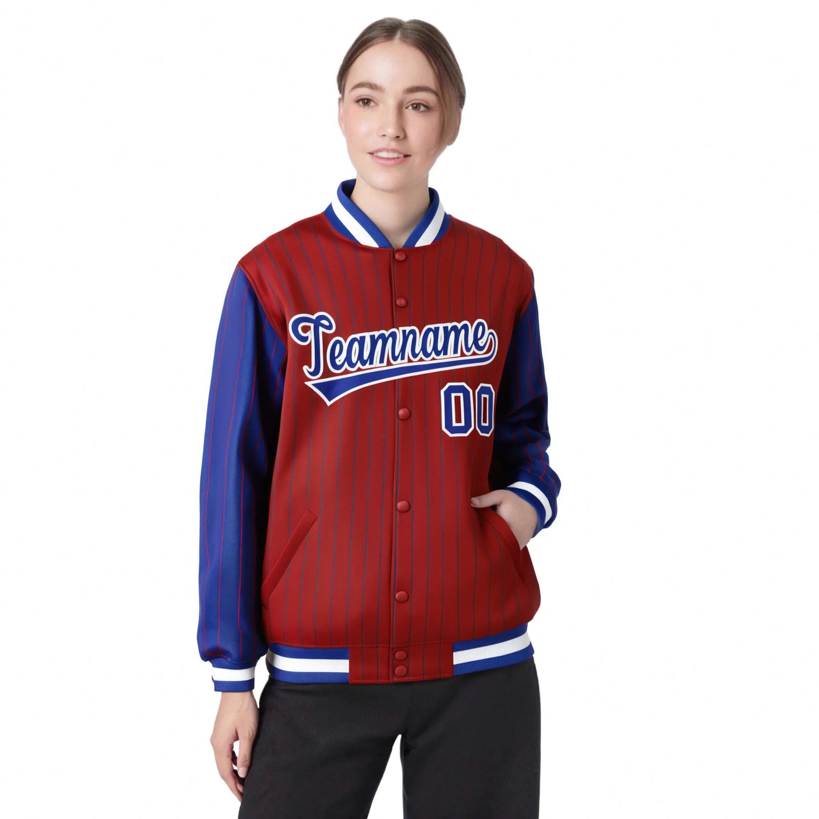 Custom Red Royal-Blue Pinstripe White Royal-Blue Bomber Full-Snap Varsity Letterman Jacket
