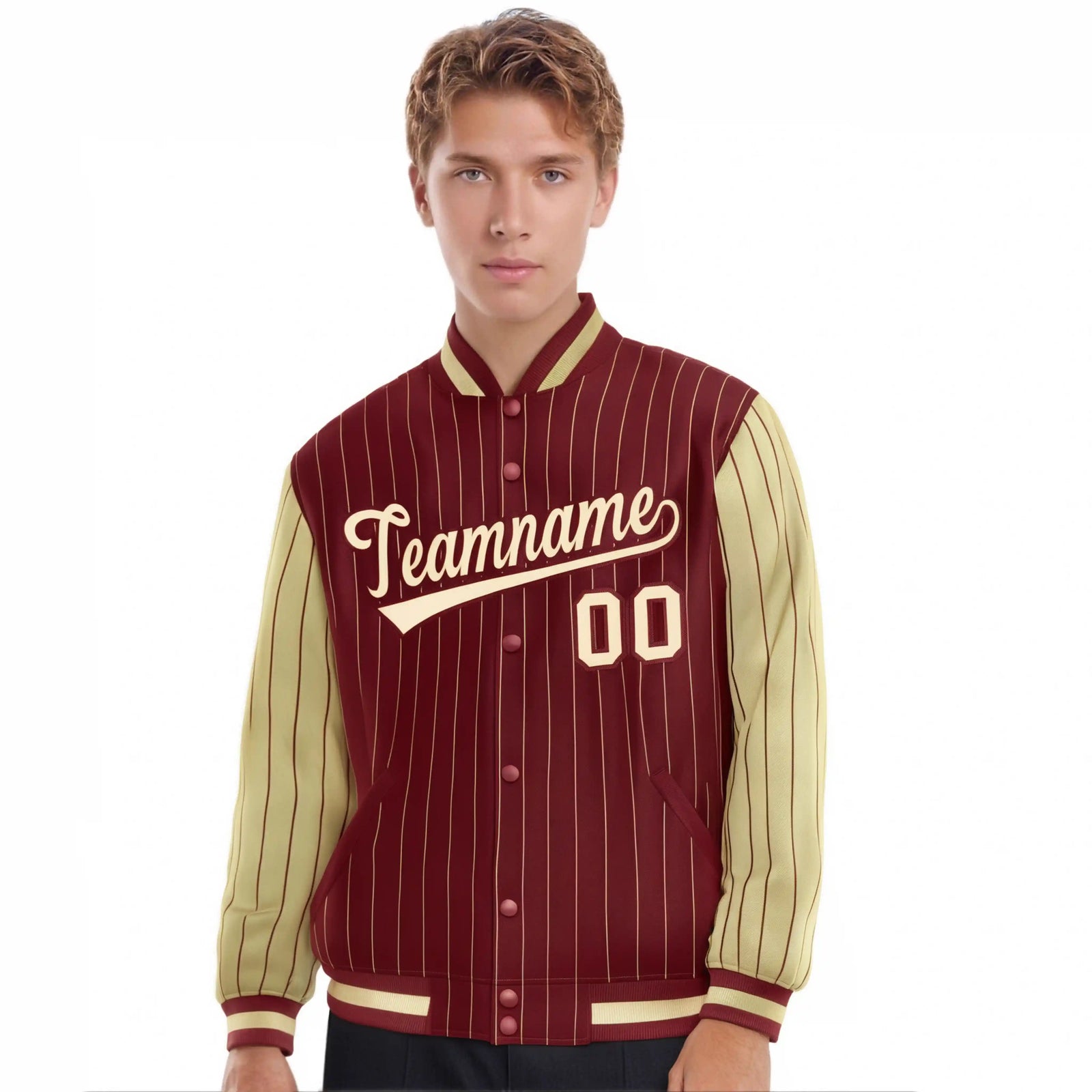 Custom Crimson Old-Gold Pinstripe Old-Gold Bomber Full-Snap Varsity Letterman Jacket