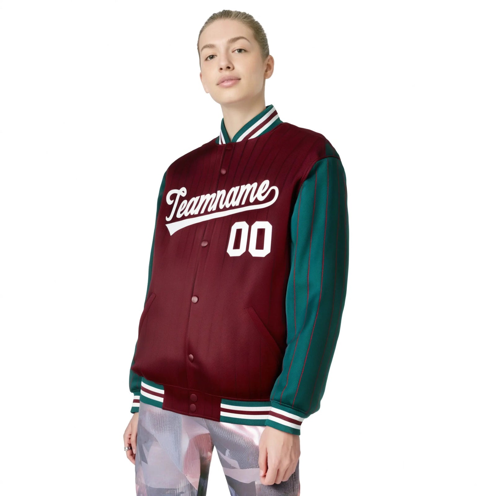 Custom Crimson-Green Pinstripe White Bomber Full-Snap Varsity Letterman Jacket