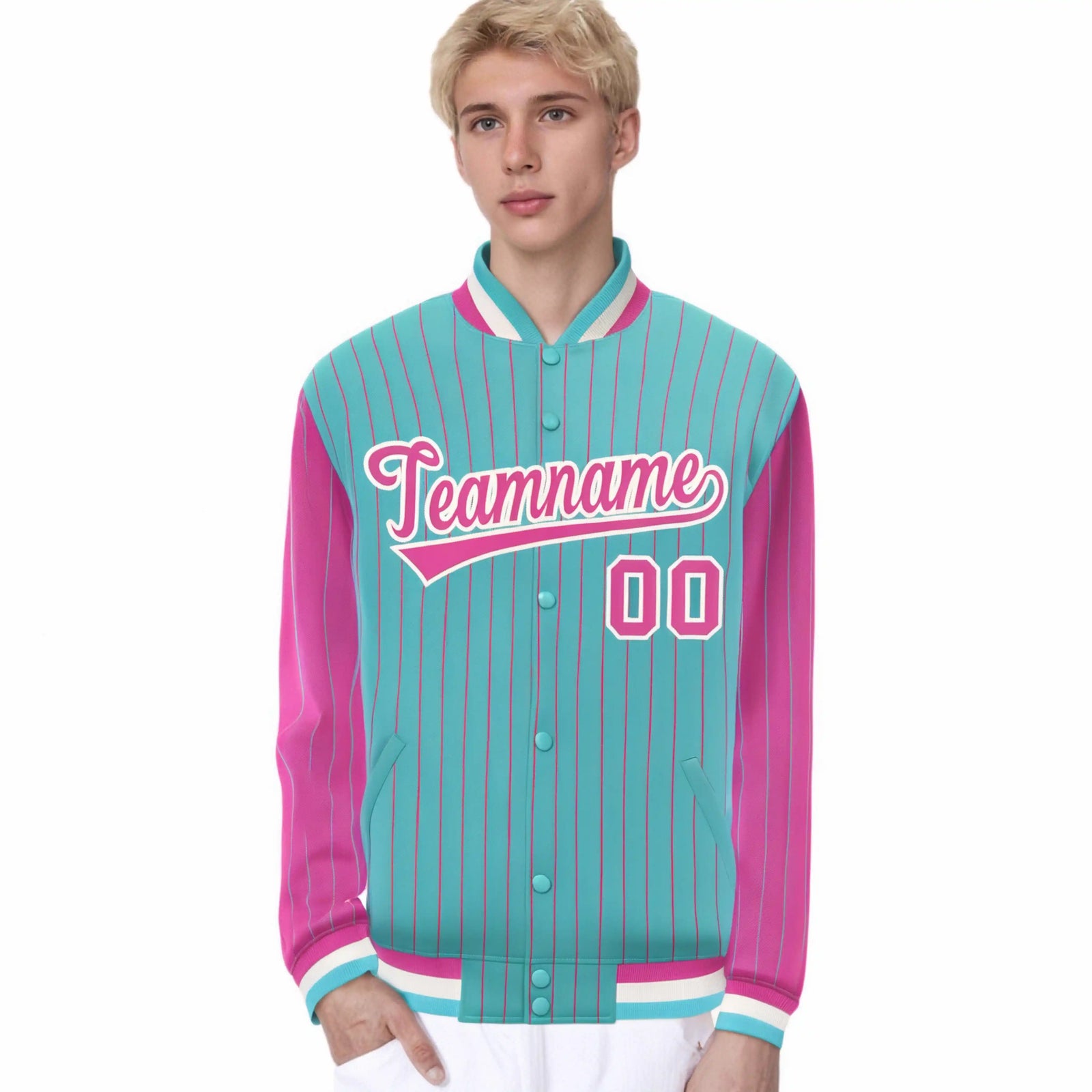 Custom Aqua Pink Pinstripe White-Pink Bomber Full-Snap Varsity Letterman Jacket