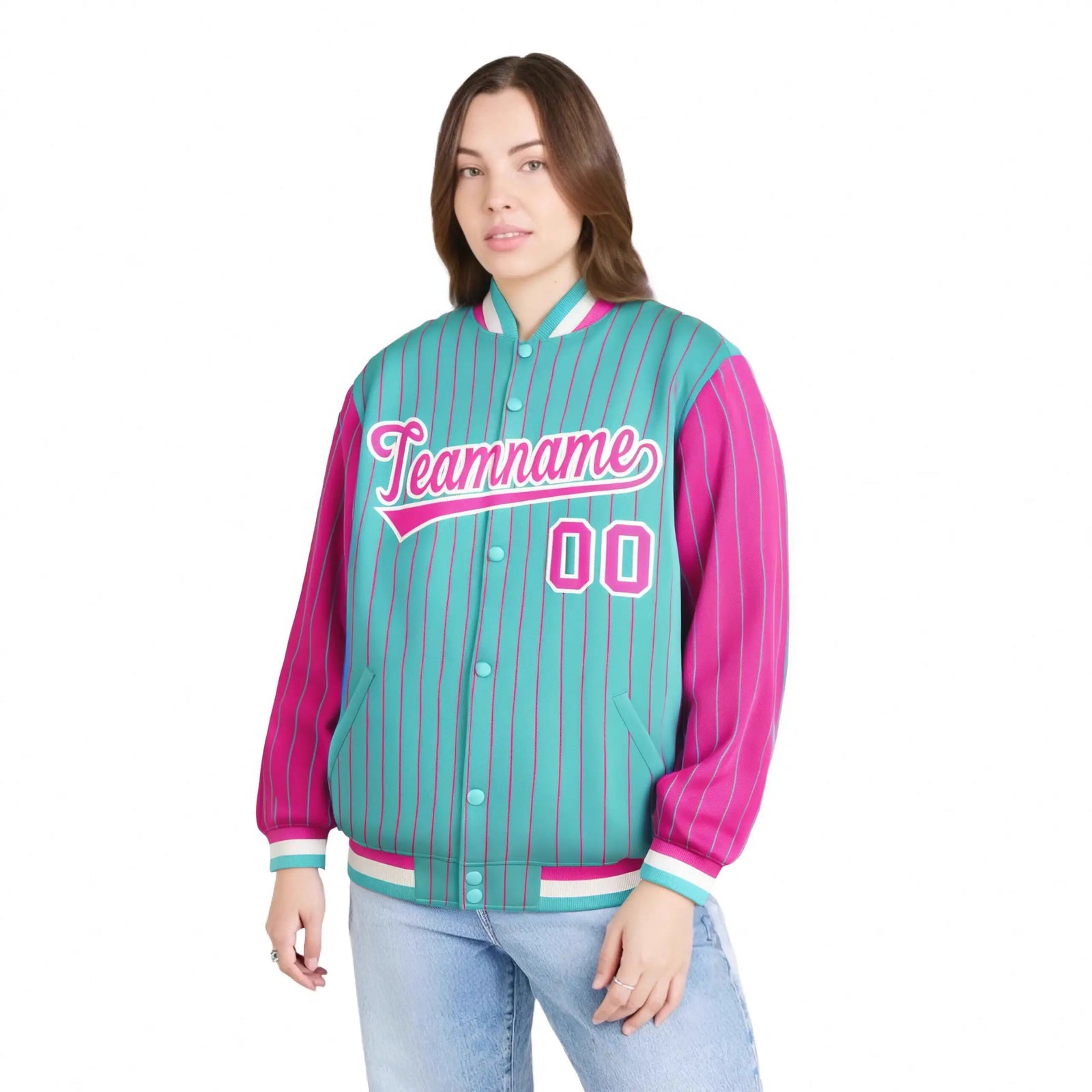Custom Aqua Pink Pinstripe White-Pink Bomber Full-Snap Varsity Letterman Jacket