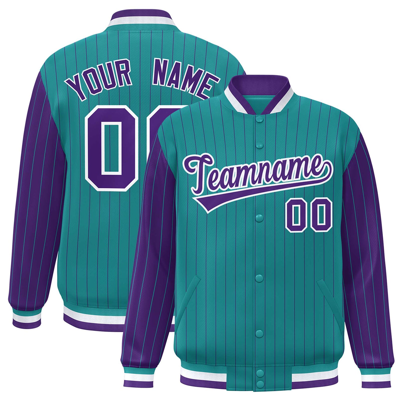 Custom Aqua Purple Pinstripe White-Purple Bomber Full-Snap Varsity Letterman Jacket