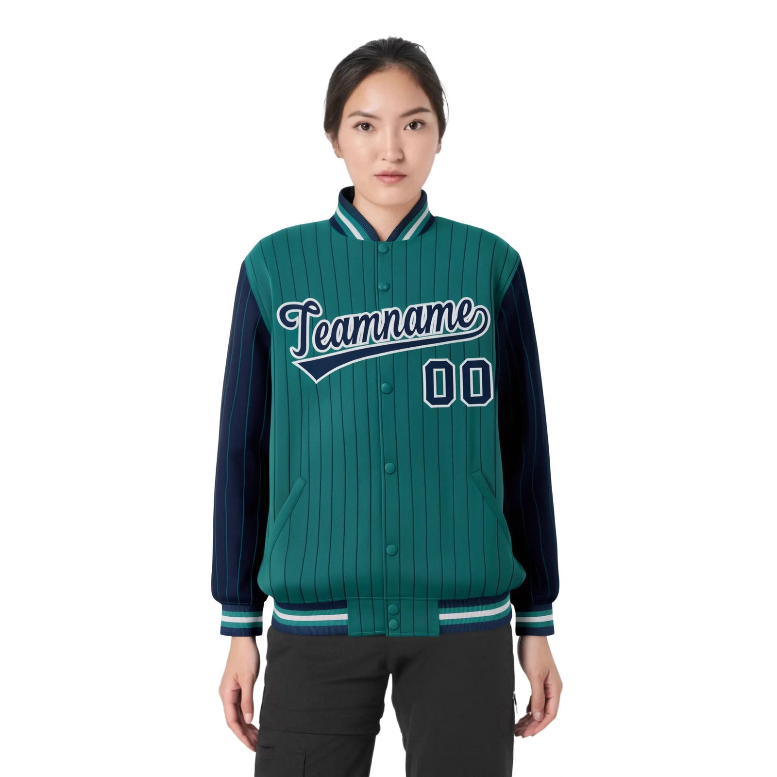 Custom Midnight Green Navy Pinstripe Gray-Navy Bomber Full-Snap Varsity Letterman Jacket