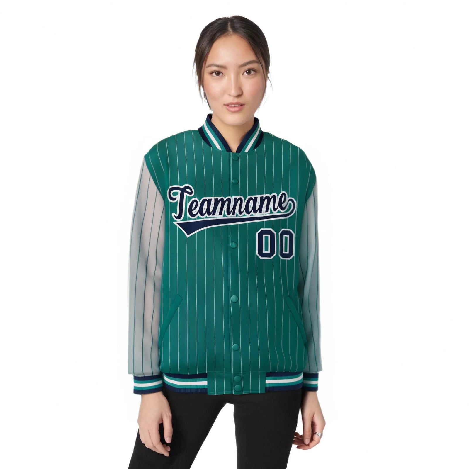 Custom Green Gray Pinstripe Gray-Navy Bomber Full-Snap Varsity Letterman Jacket