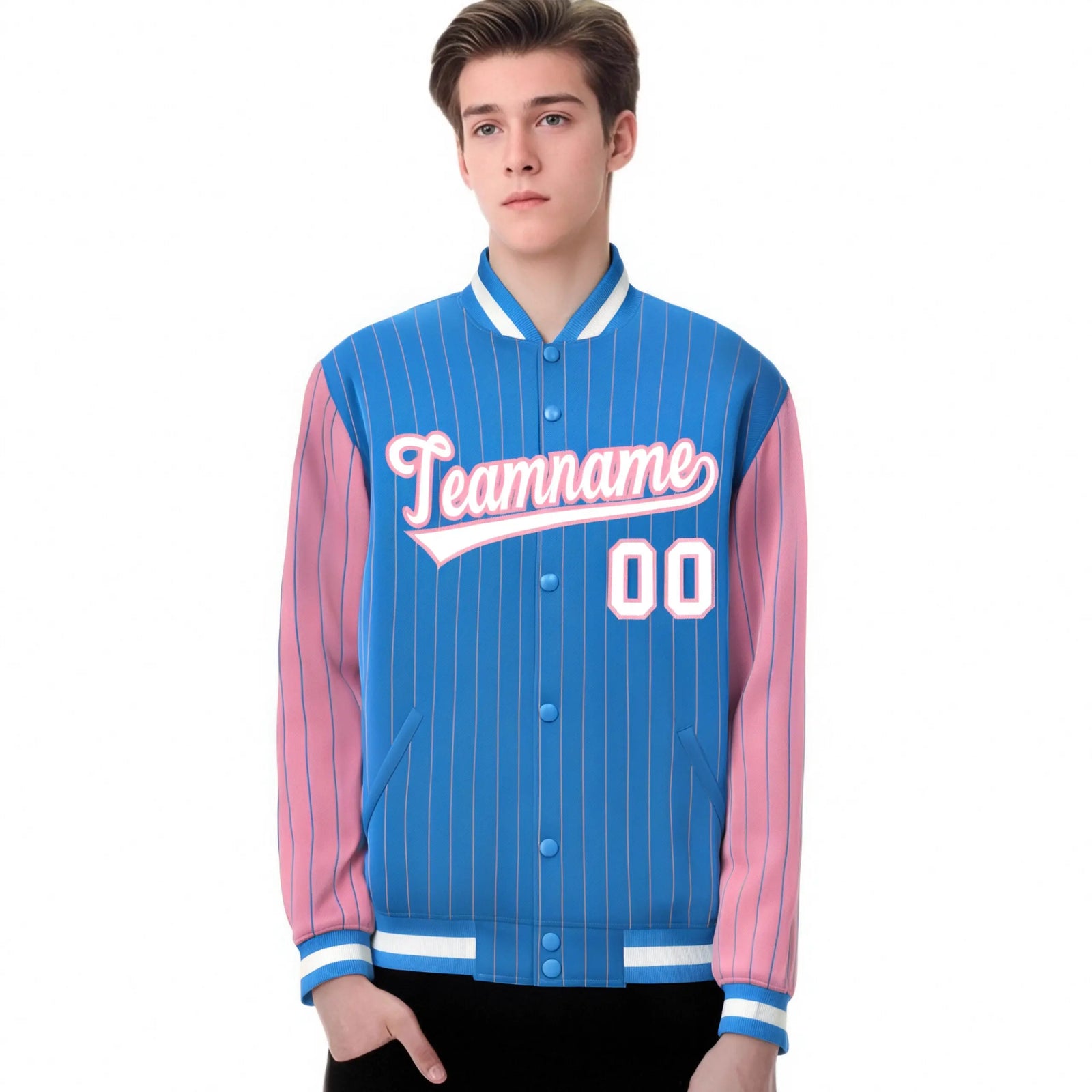 Custom Light Blue Light-Pink Pinstripe White Light-Pink Bomber Full-Snap Varsity Letterman Jacket