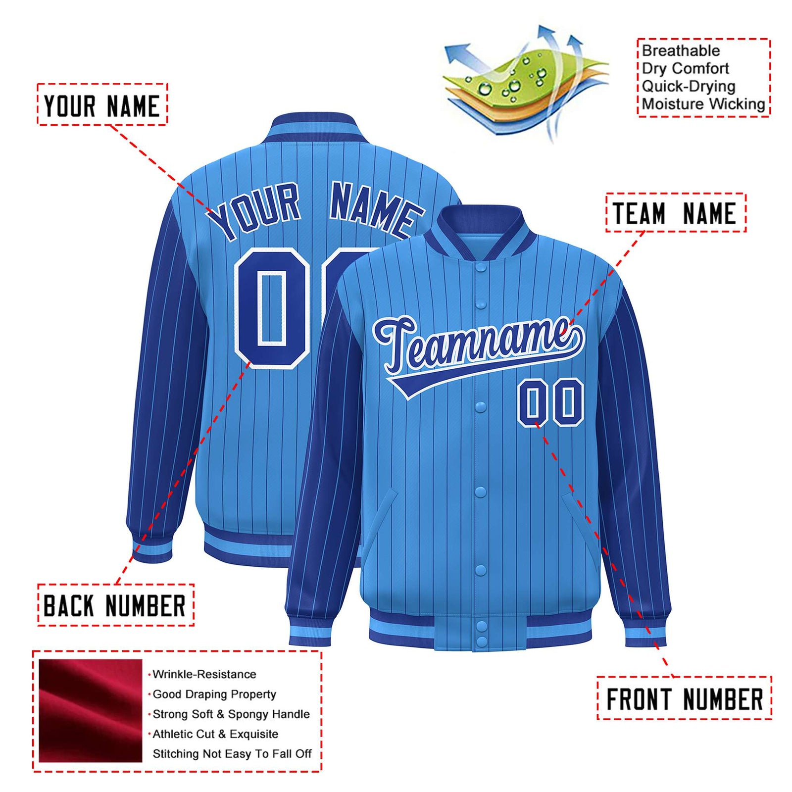 Custom Powder Blue Royal-Blue Pinstripe White Royal-Blue Bomber Full-Snap Varsity Letterman Jacket