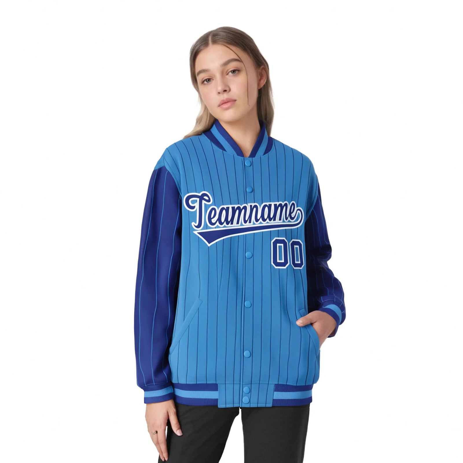 Custom Powder Blue Royal-Blue Pinstripe White Royal-Blue Bomber Full-Snap Varsity Letterman Jacket