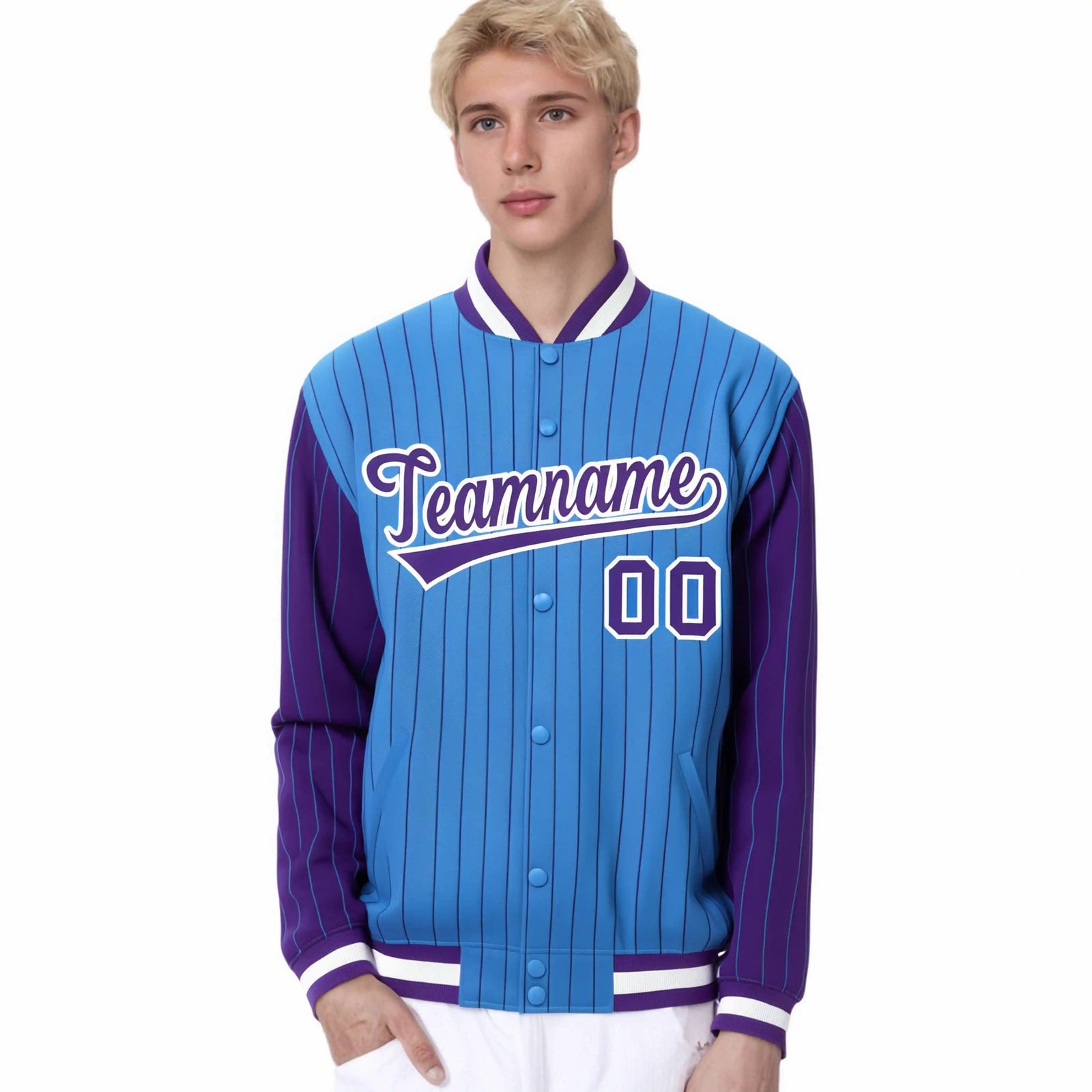 Custom Powder Blue Purple Pinstripe White-Purple Bomber Full-Snap Varsity Letterman Jacket