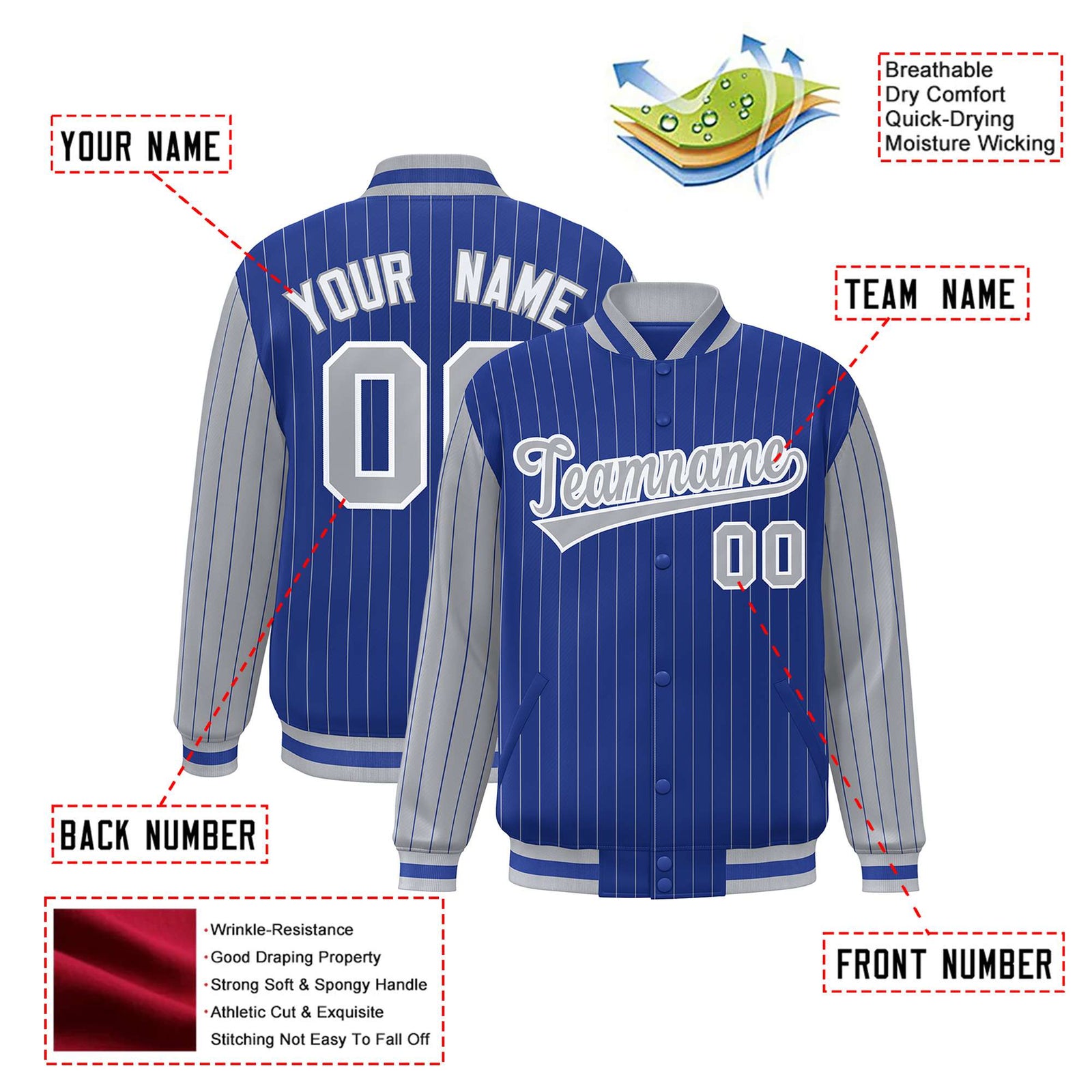 Custom Royal-Blue Gray Pinstripe White-Gray Bomber Full-Snap Varsity Letterman Jacket