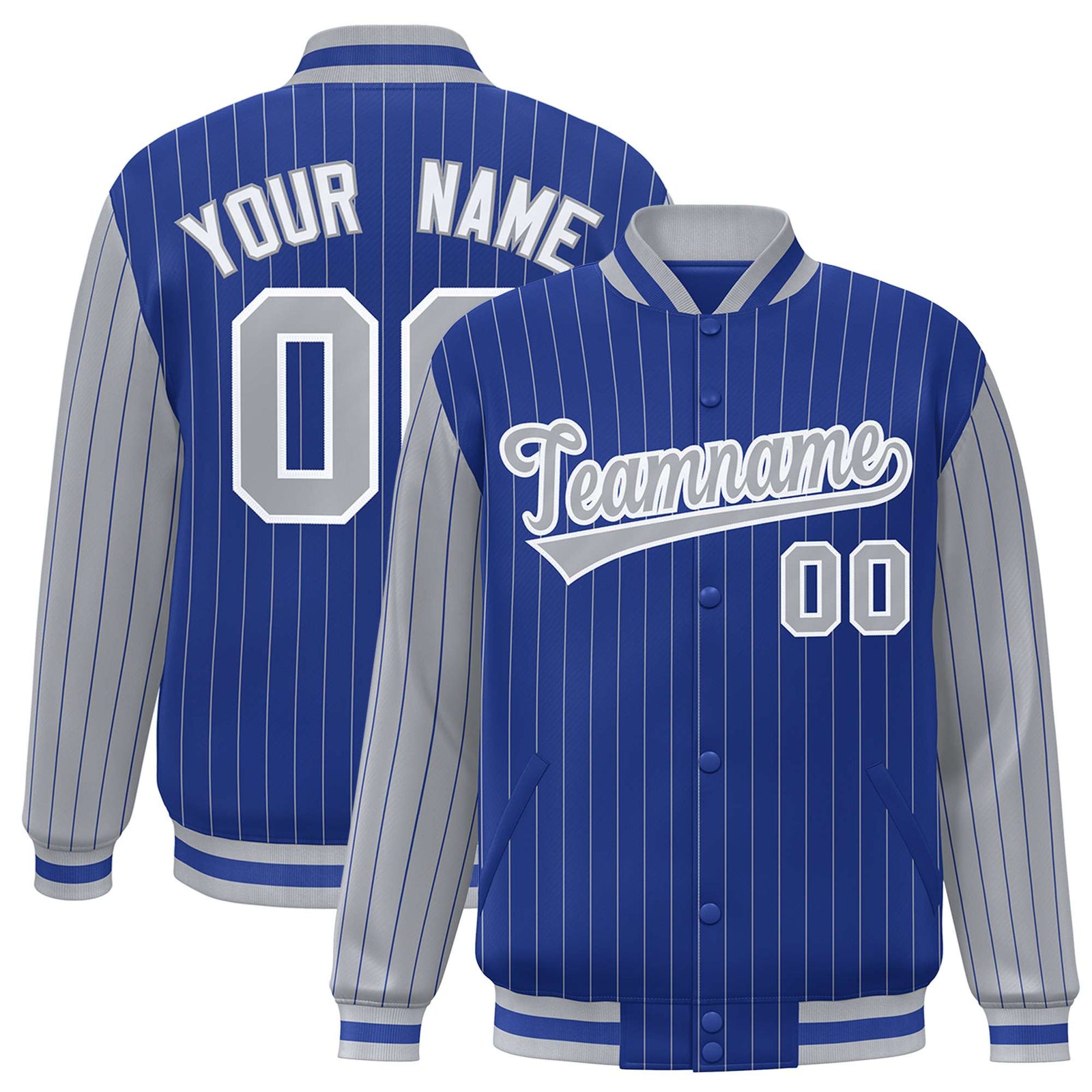 Custom Royal-Blue Gray Pinstripe White-Gray Bomber Full-Snap Varsity Letterman Jacket