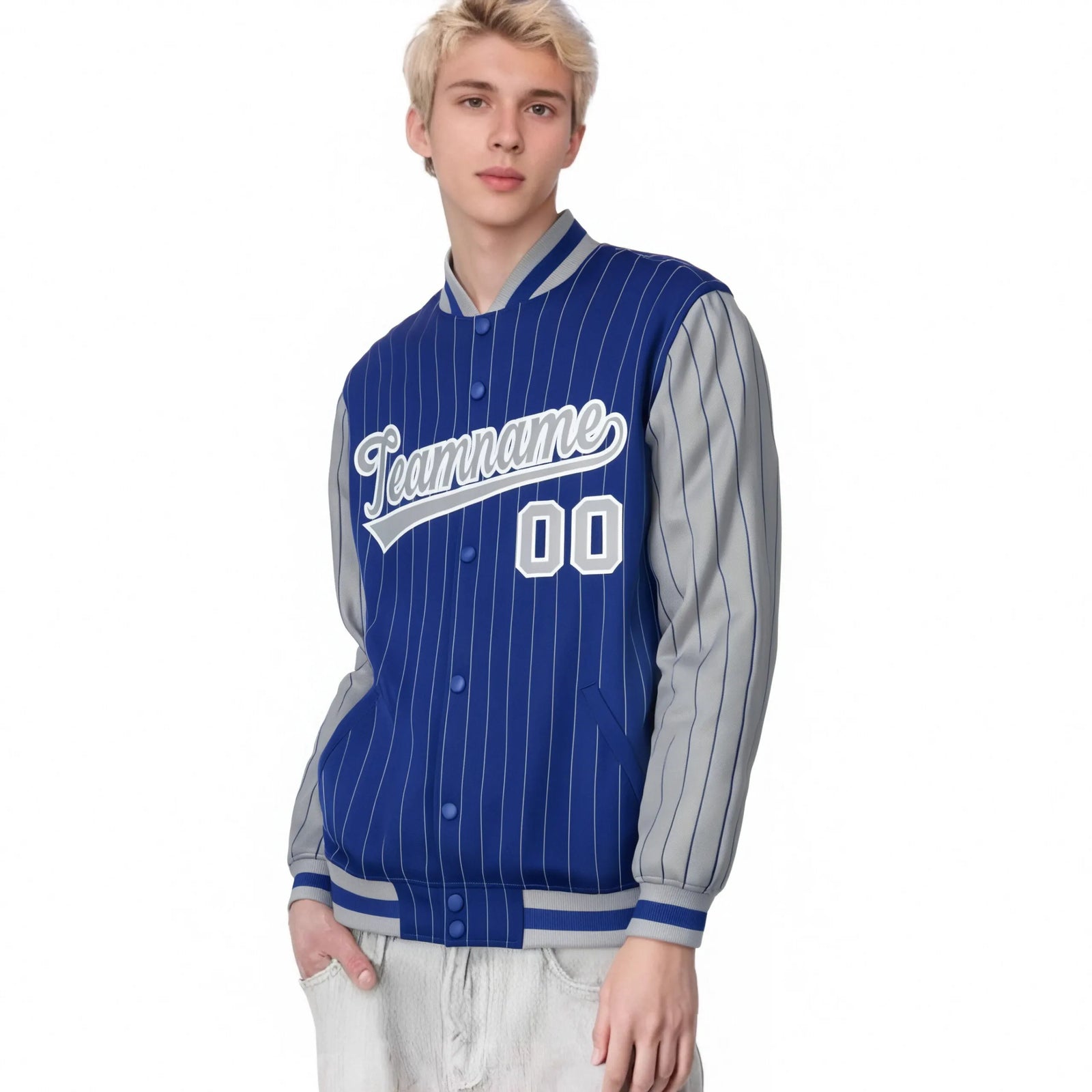 Custom Royal-Blue Gray Pinstripe White-Gray Bomber Full-Snap Varsity Letterman Jacket