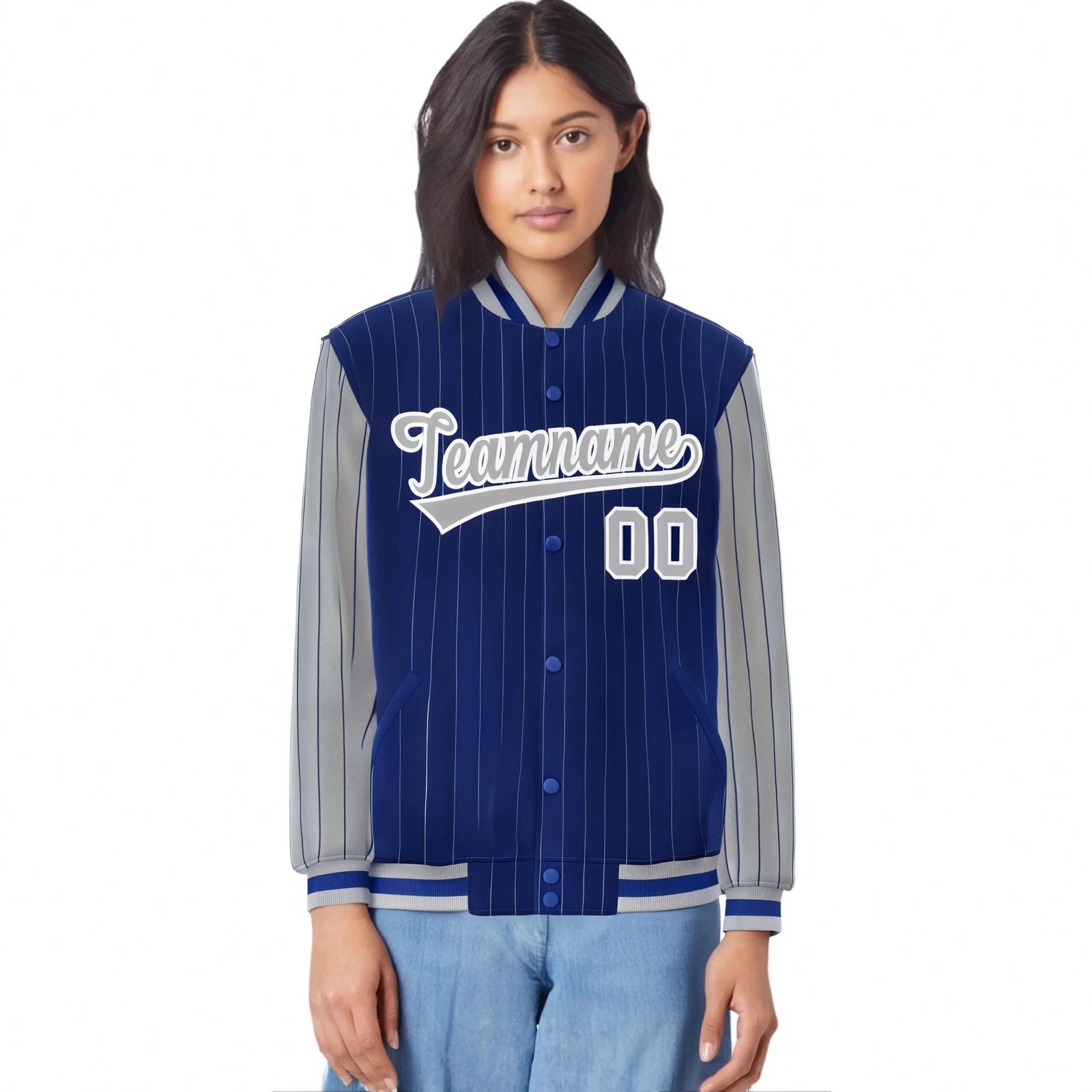 Custom Royal-Blue Gray Pinstripe White-Gray Bomber Full-Snap Varsity Letterman Jacket