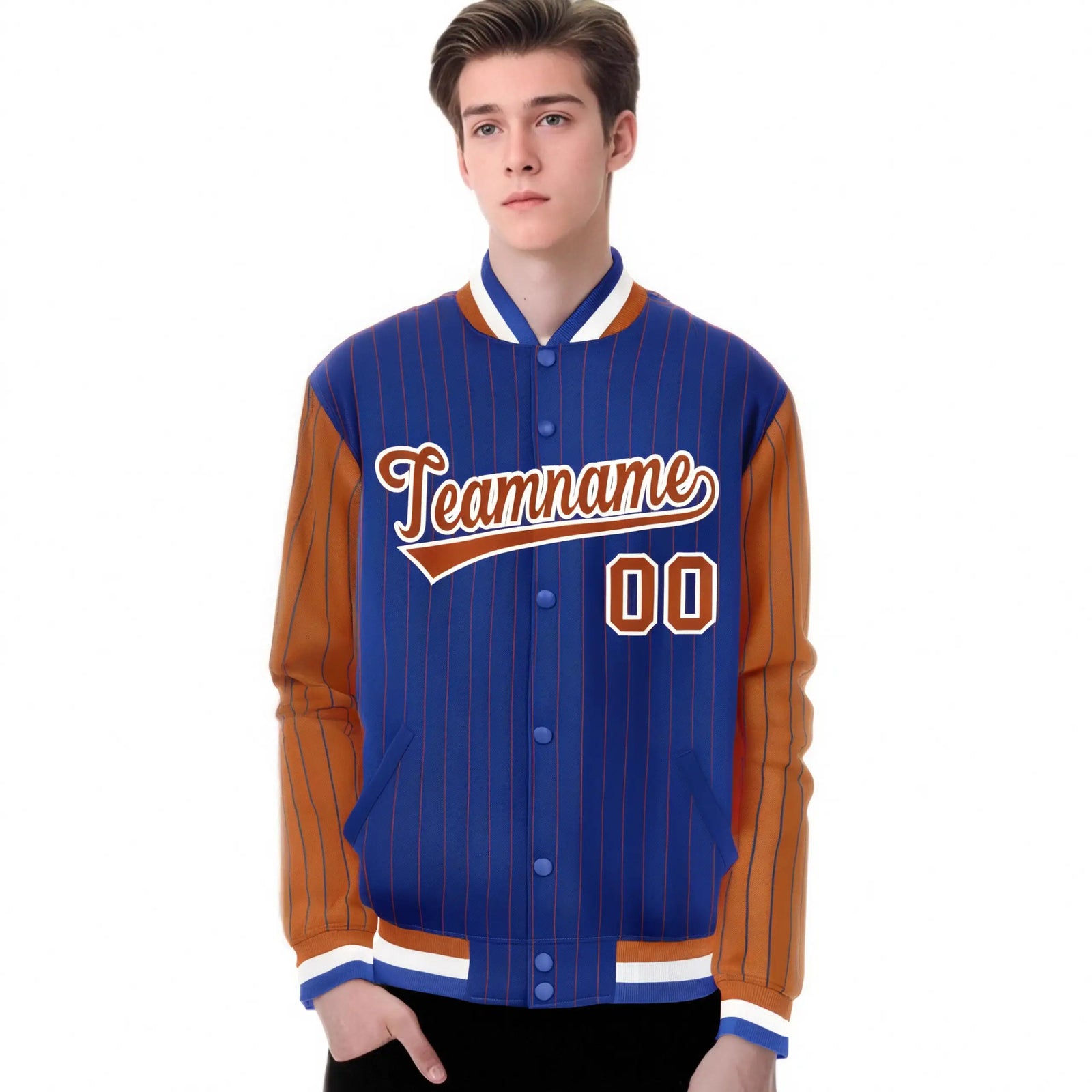 Custom Royal-Blue Brown Pinstripe White-Brown Bomber Full-Snap Varsity Letterman Jacket