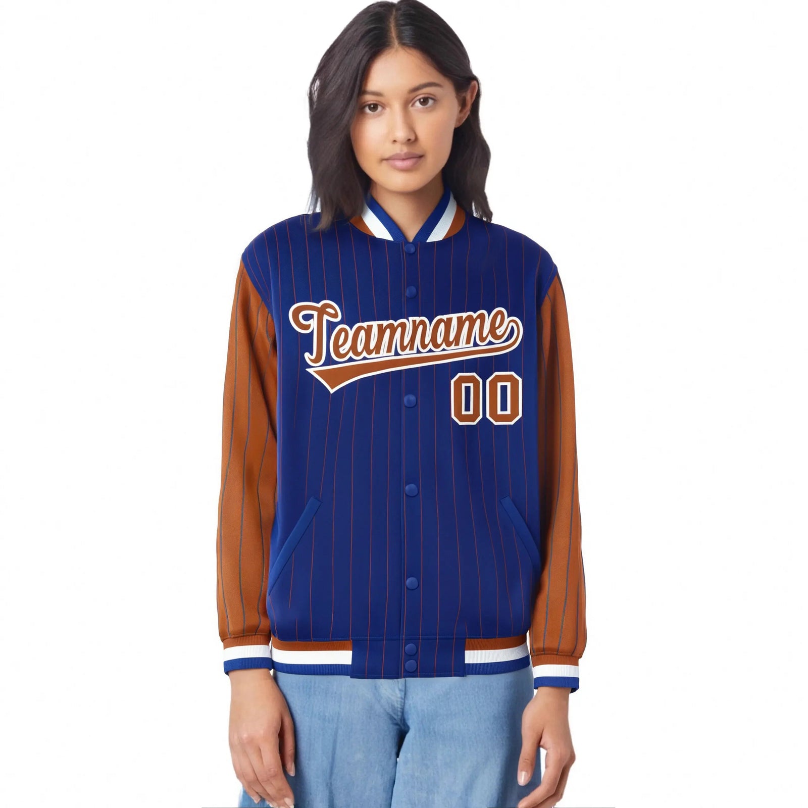 Custom Royal-Blue Brown Pinstripe White-Brown Bomber Full-Snap Varsity Letterman Jacket