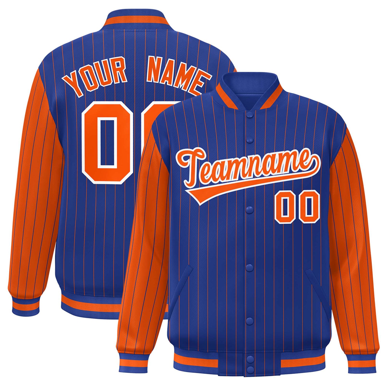 Custom Royal-Blue Orange Pinstripe White-Orange Bomber Full-Snap Varsity Letterman Jacket