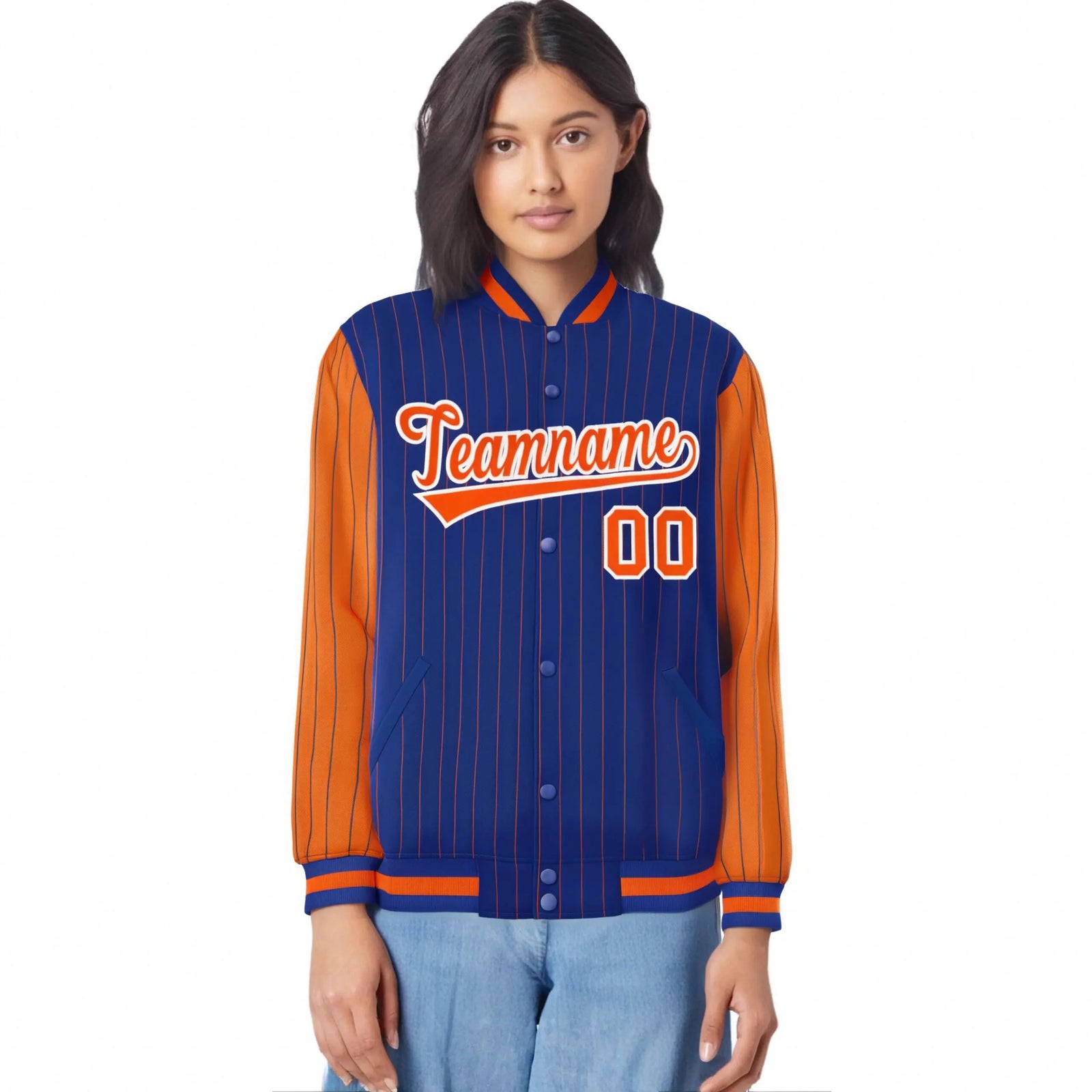 Custom Royal-Blue Orange Pinstripe White-Orange Bomber Full-Snap Varsity Letterman Jacket